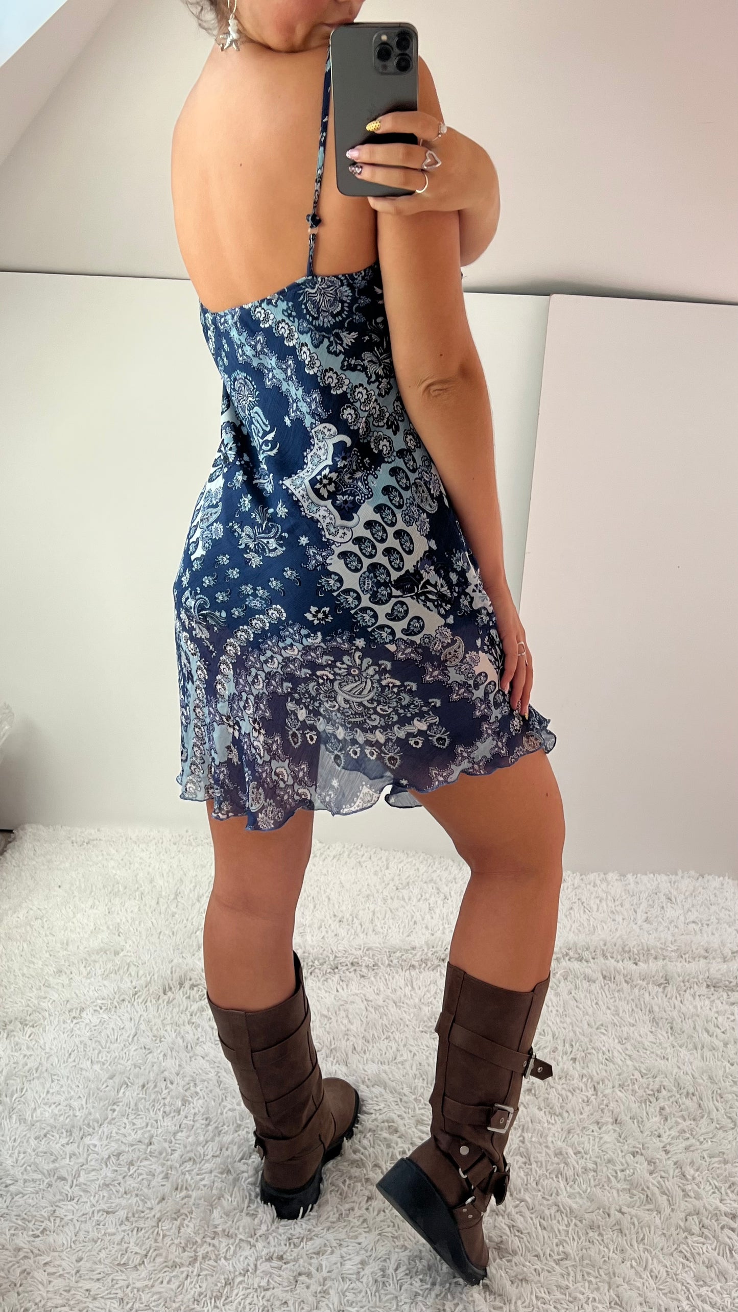 00s blue paisley mesh mini dress- size L