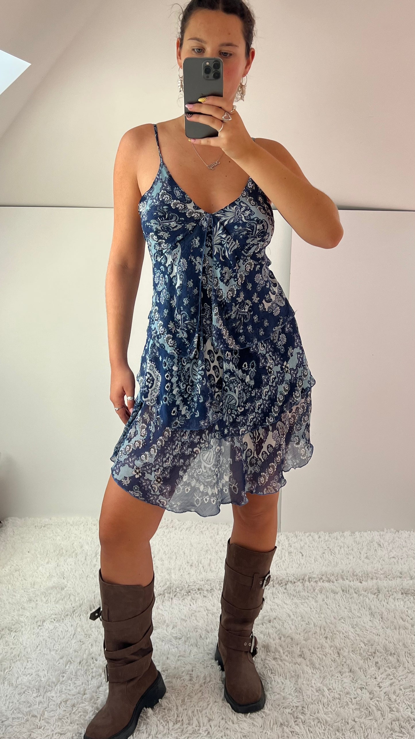 00s blue paisley mesh mini dress- size L
