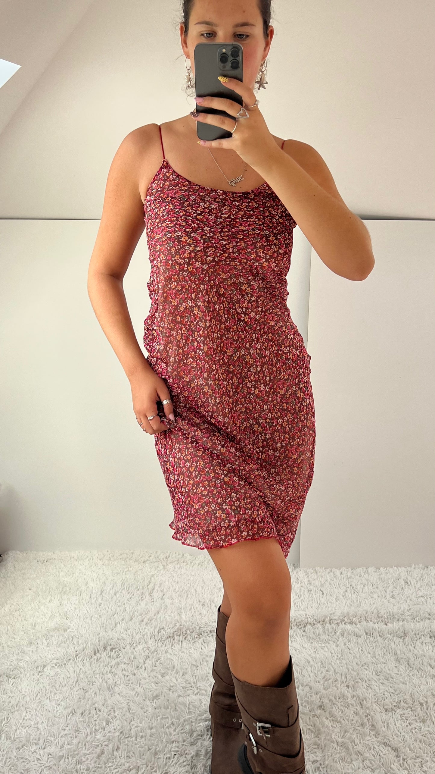 00d red floral mesh midi dress- size XS