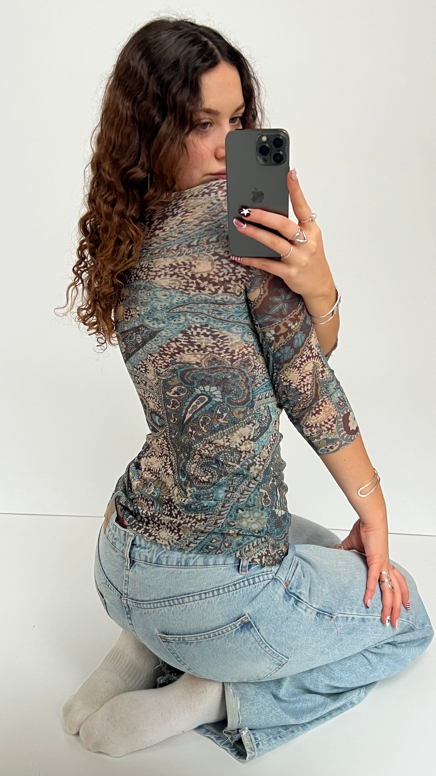 00s blue paisley mesh long sleeve top- size S