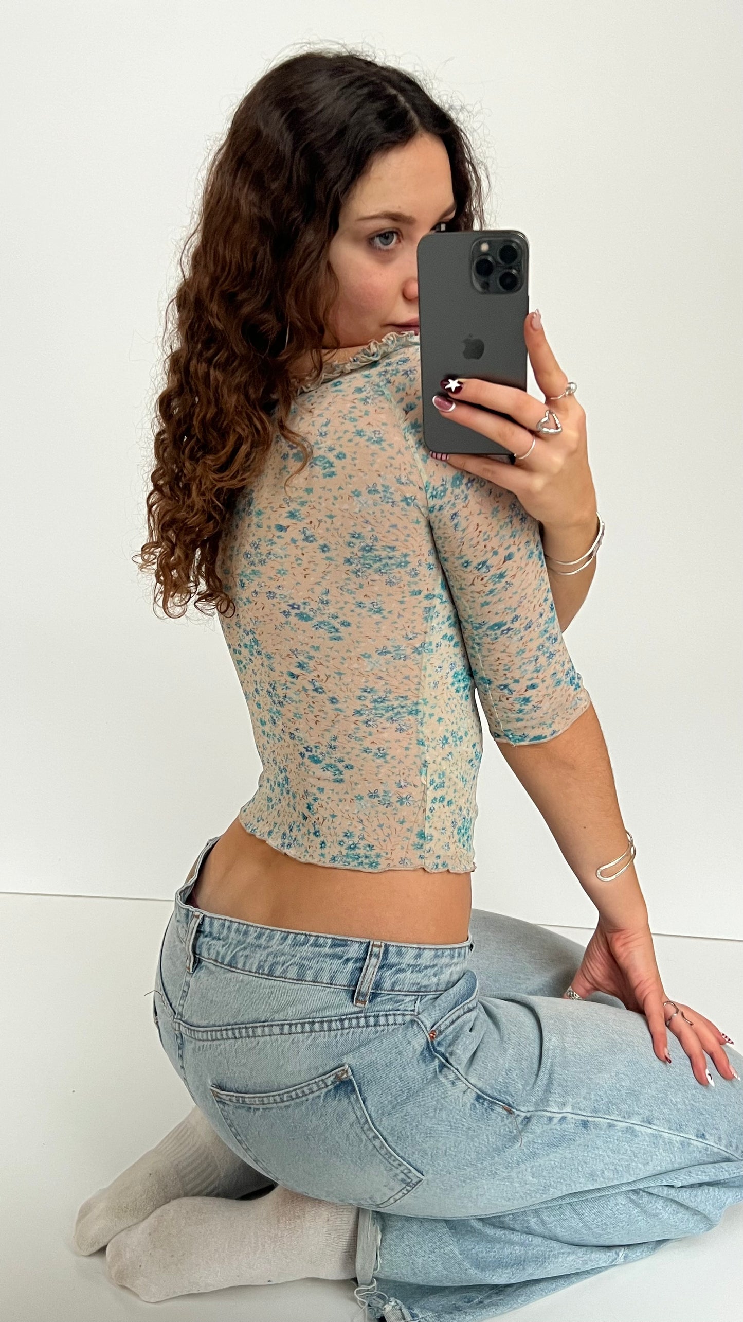 00s blue mesh floral top- size XS