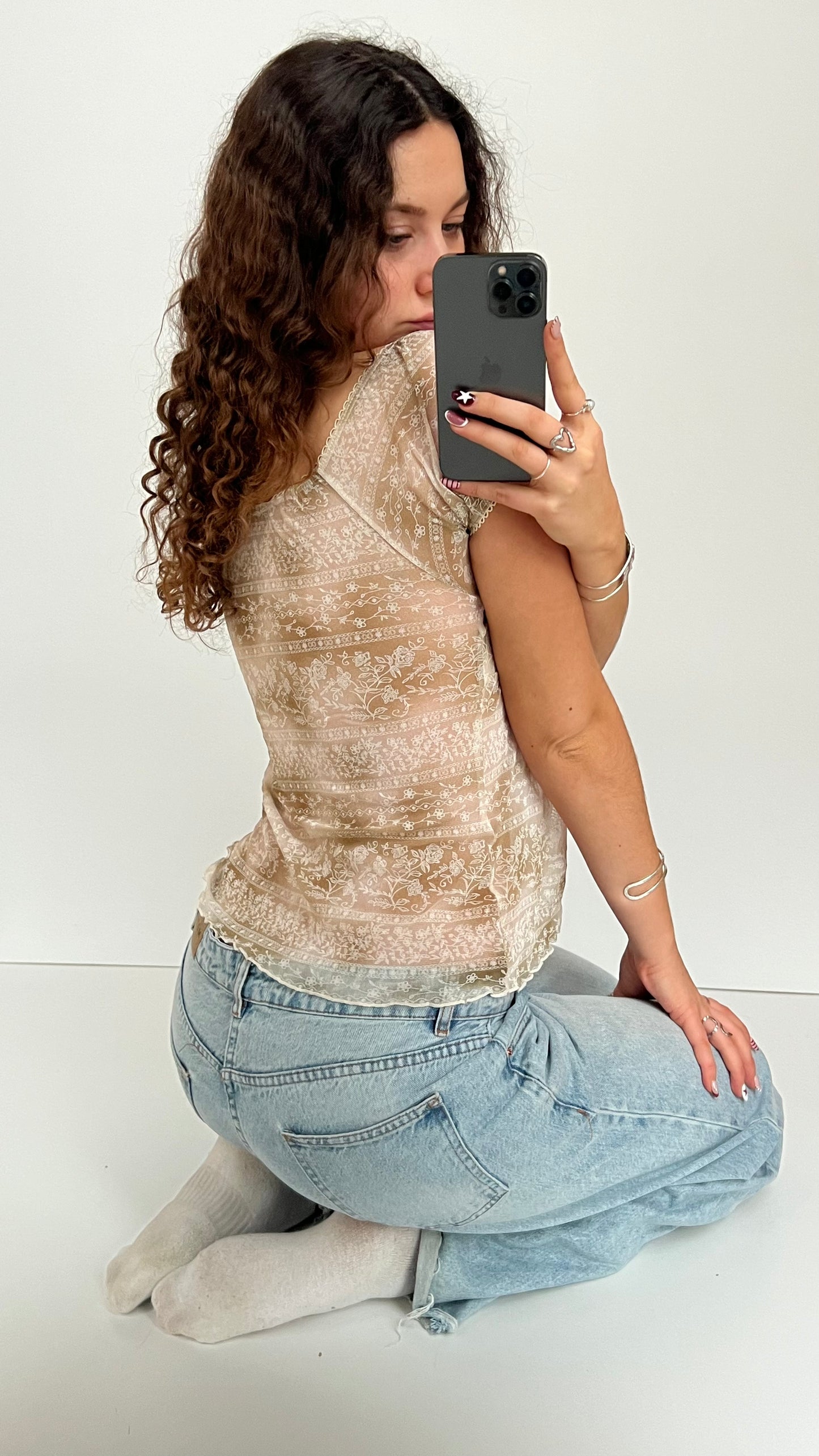 00s cream floral babydoll top- size L