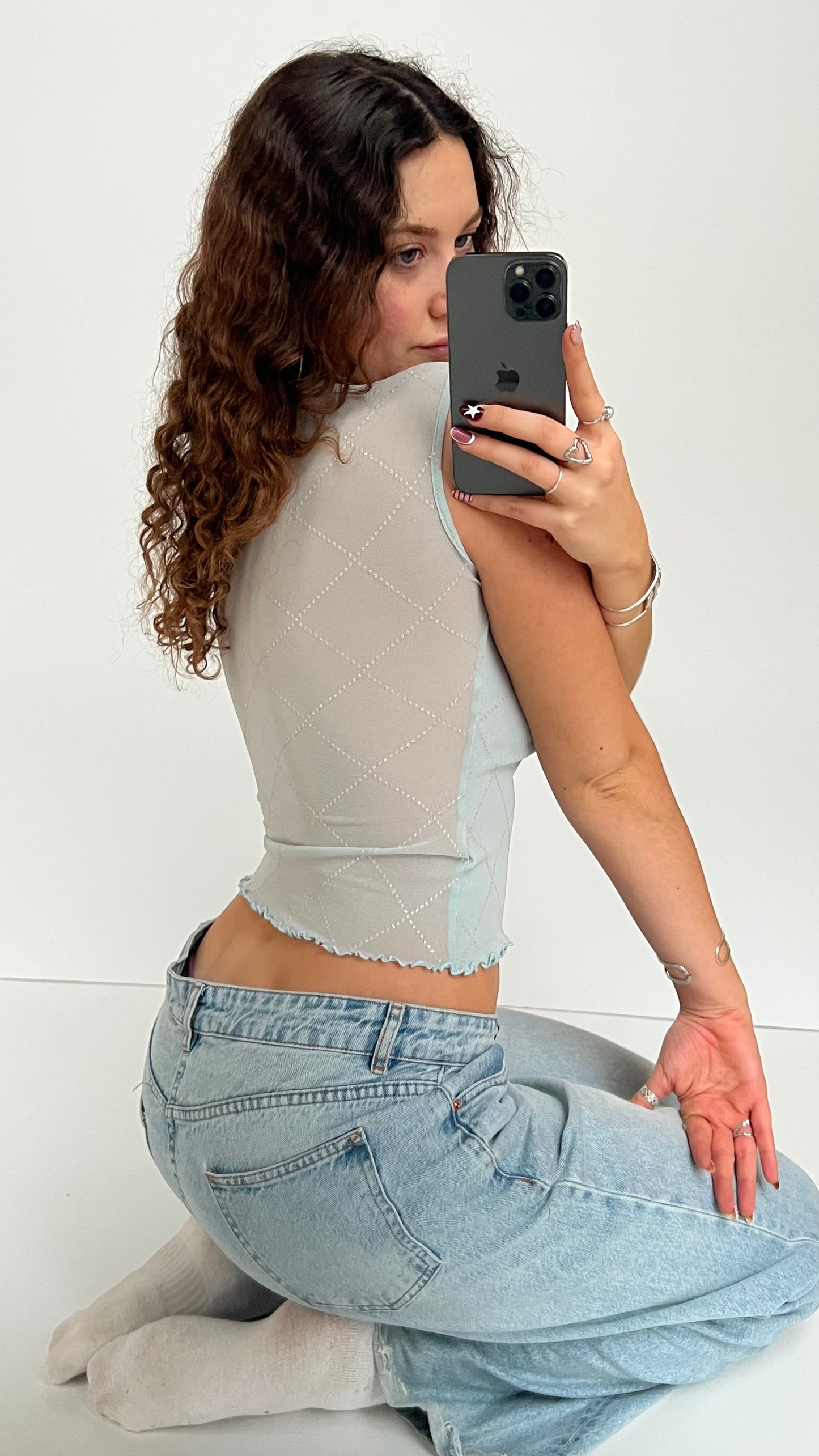 00s blue mesh glitter top- size XS