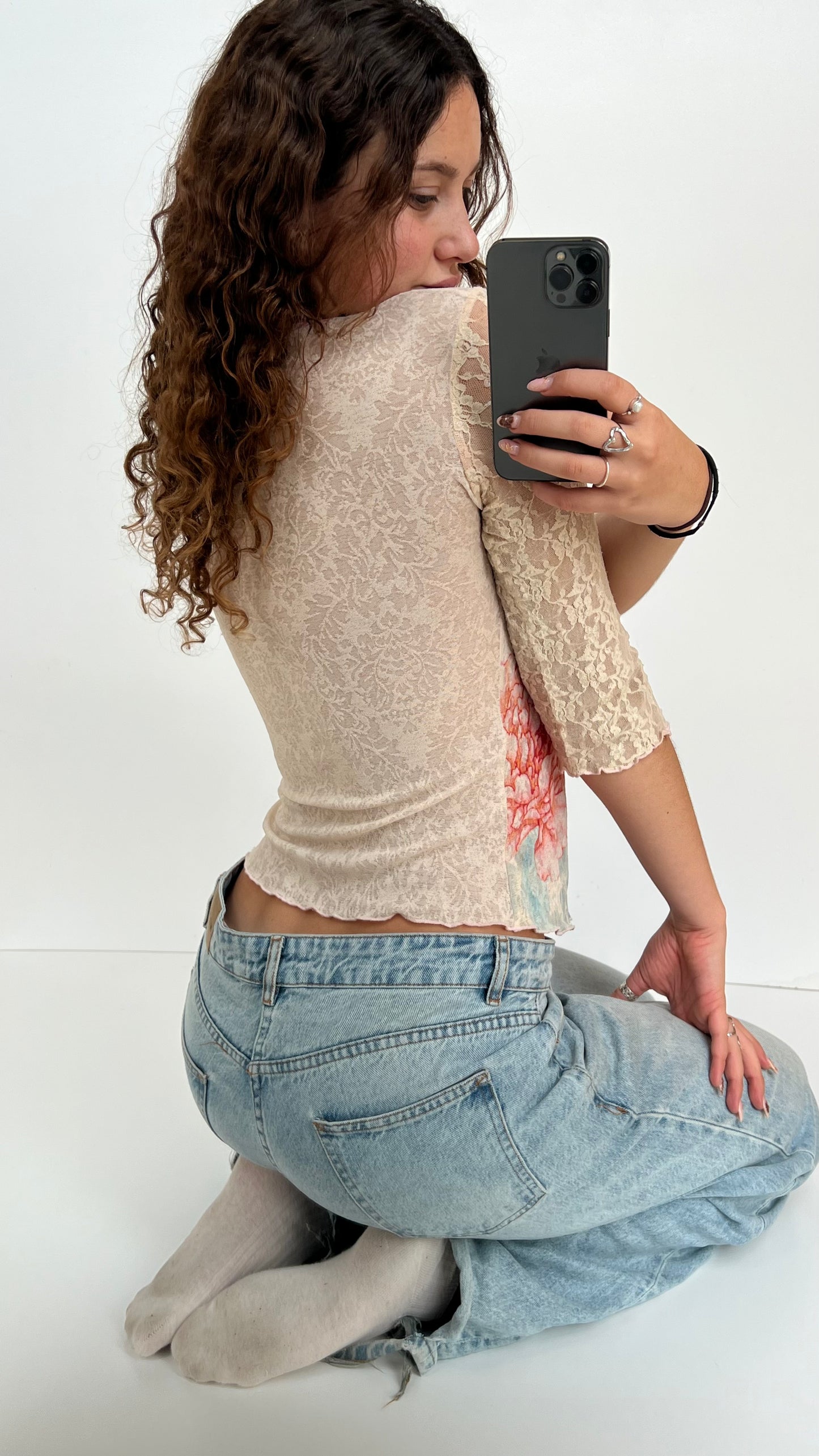 00s cream pink lace long sleeve top- size M