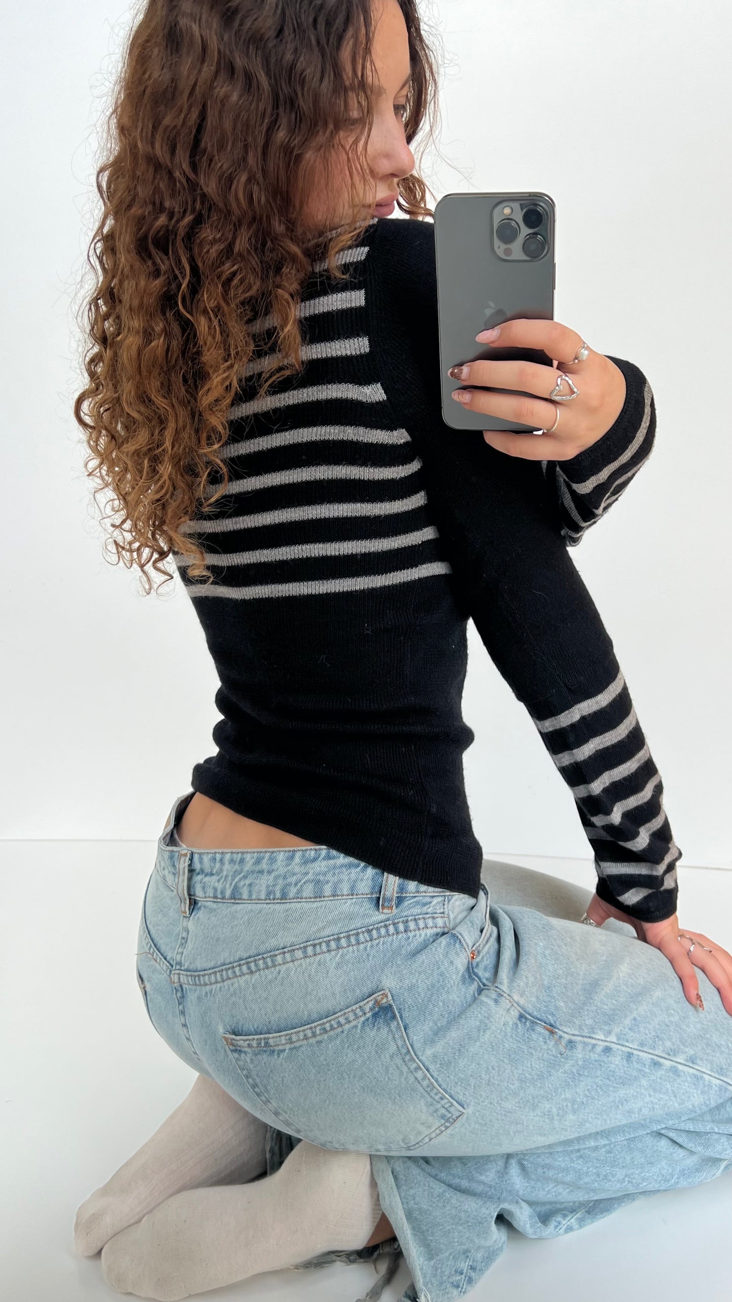 00s black grey stripe jumper- size XS