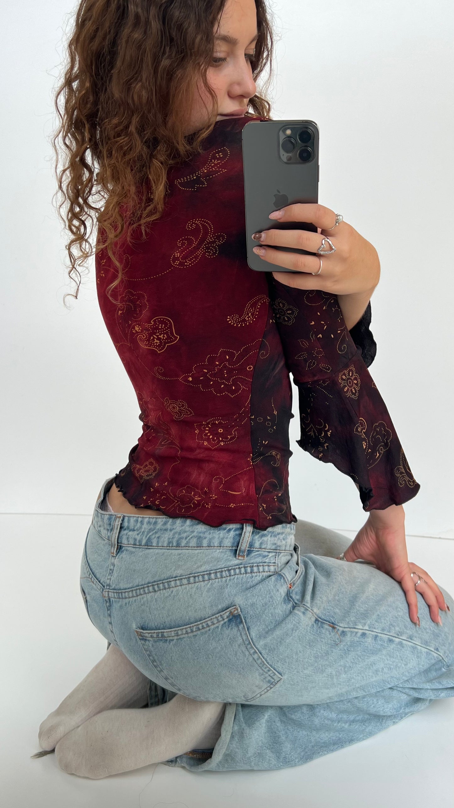 00s red paisley long sleeve top- size S