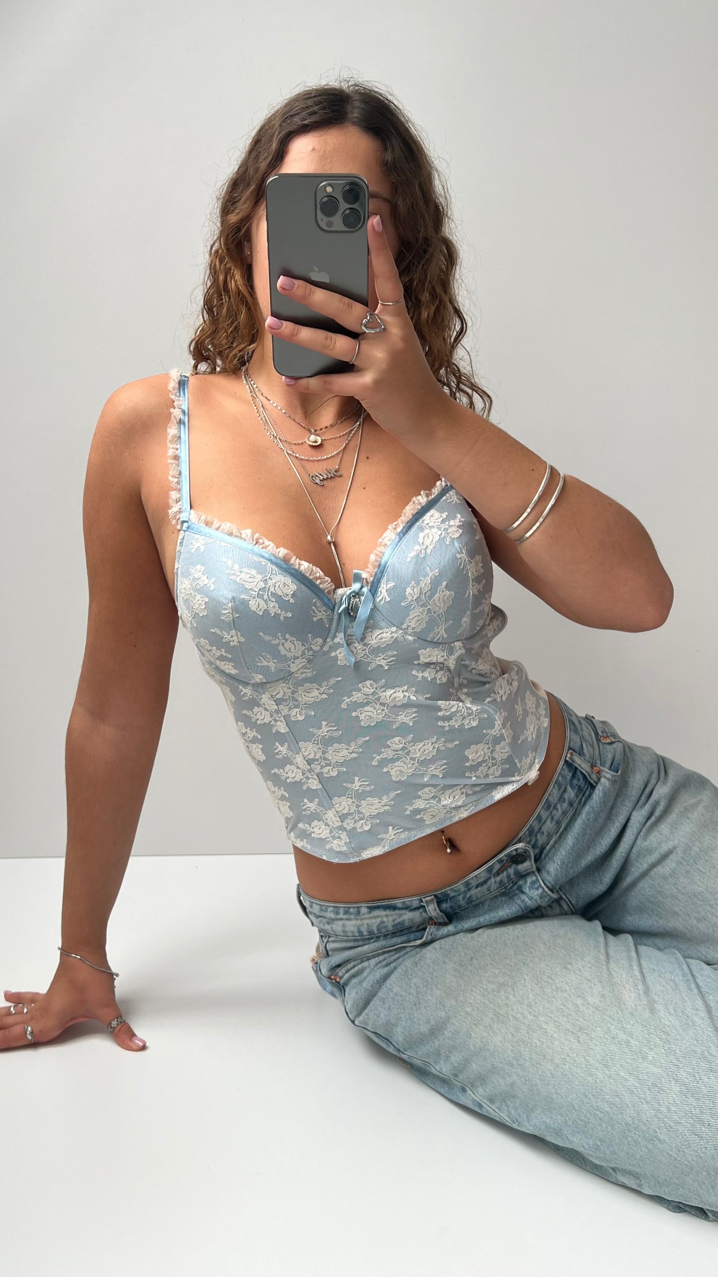 00s blue white lace corset- size M