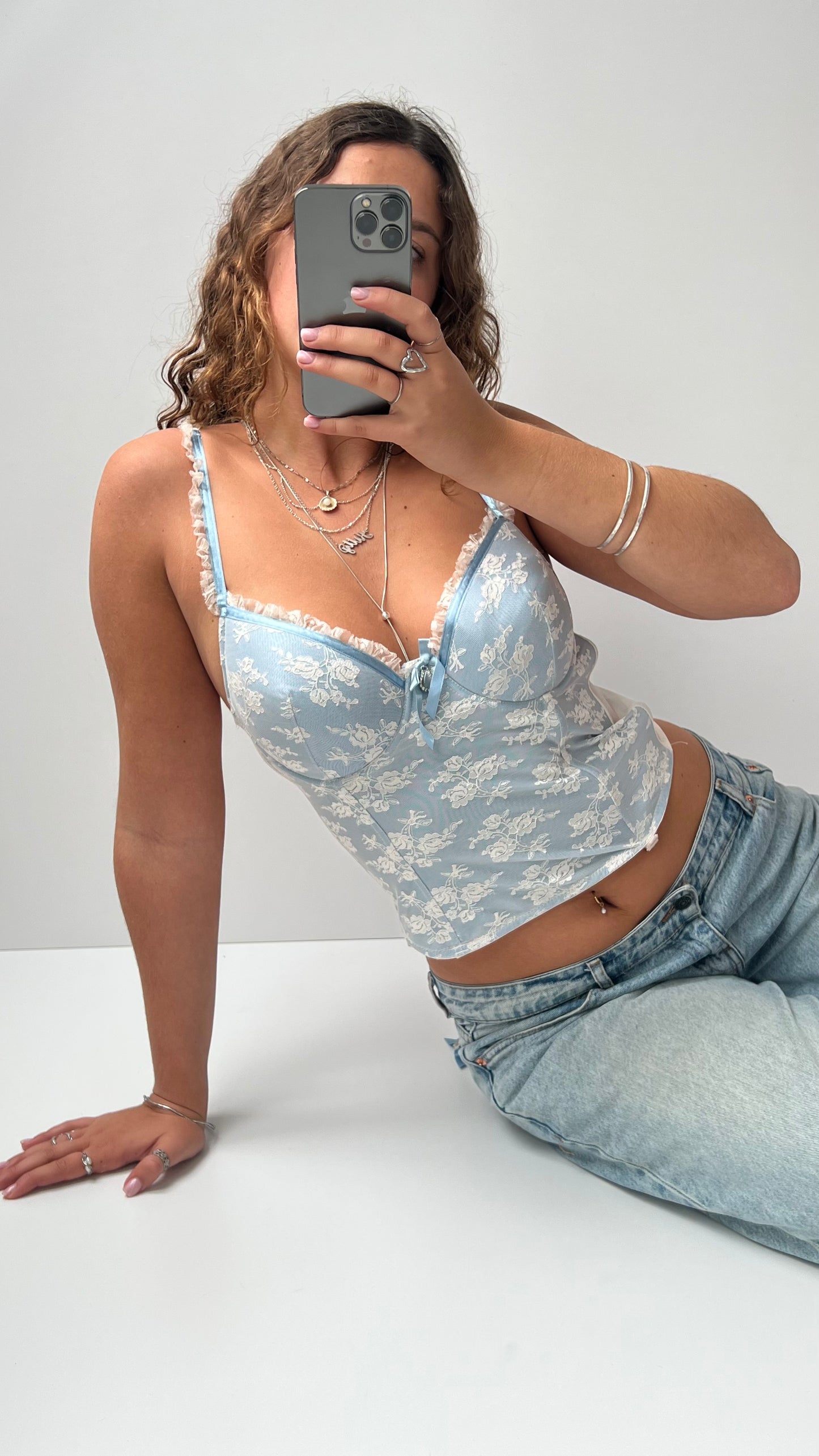 00s blue white lace corset- size M