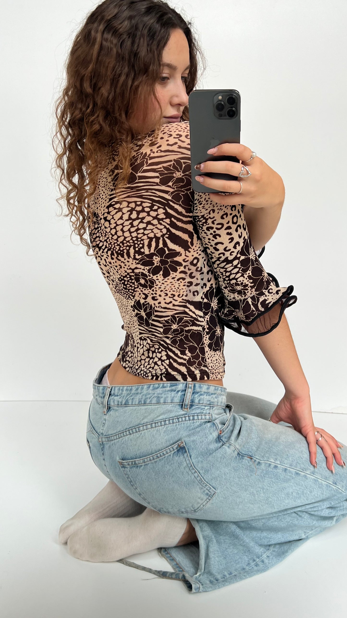 00s brown leopard print mesh ruffle top- size S/M