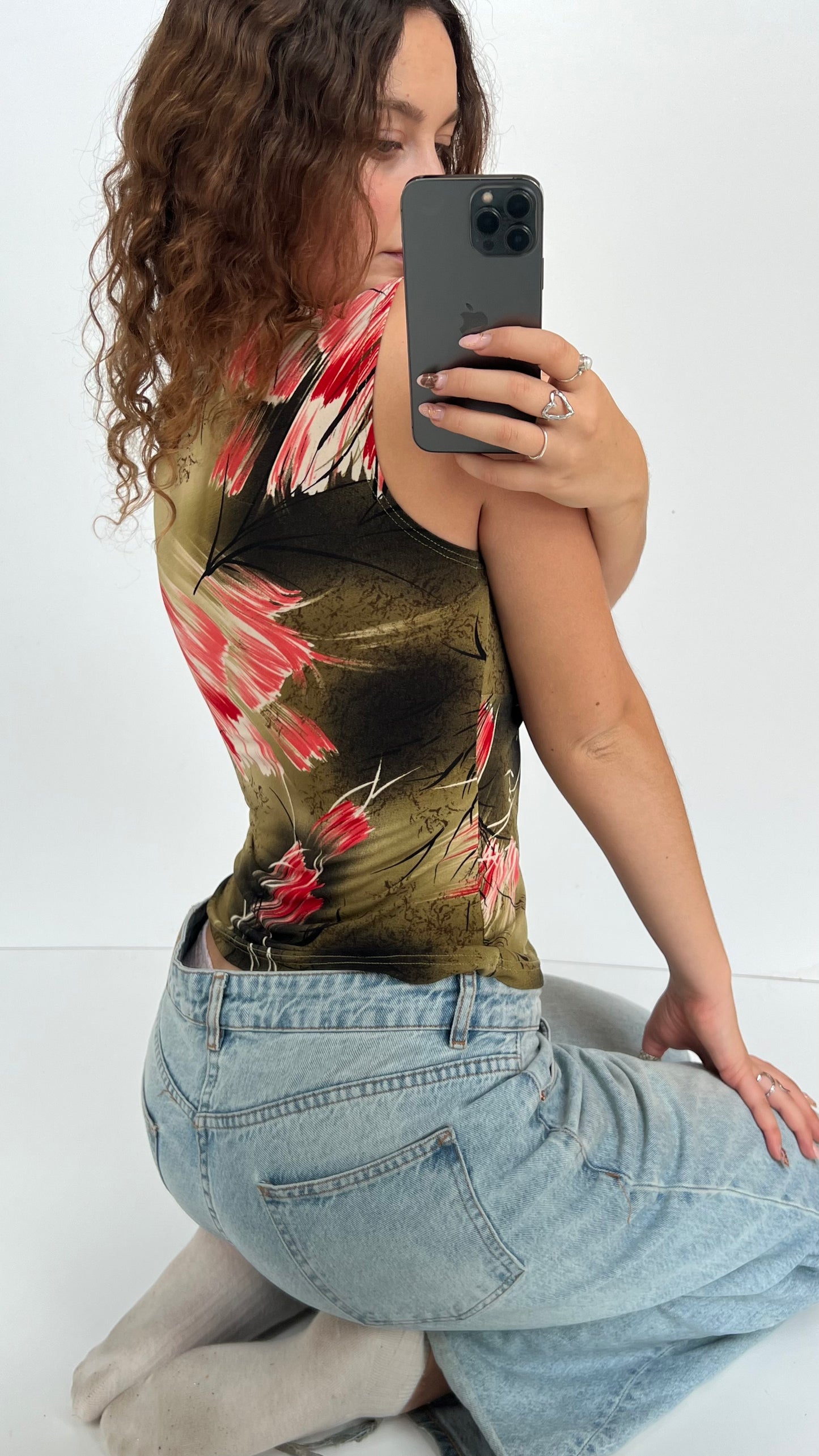 00s green patterned tank top- size M