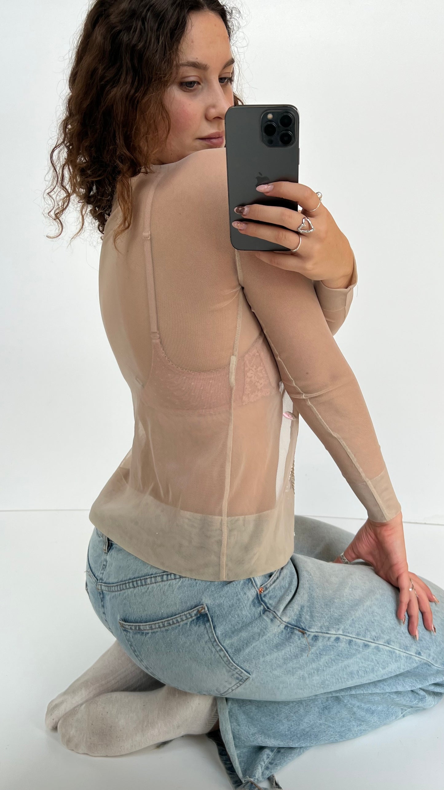 00s cream mesh embroidered top- size S