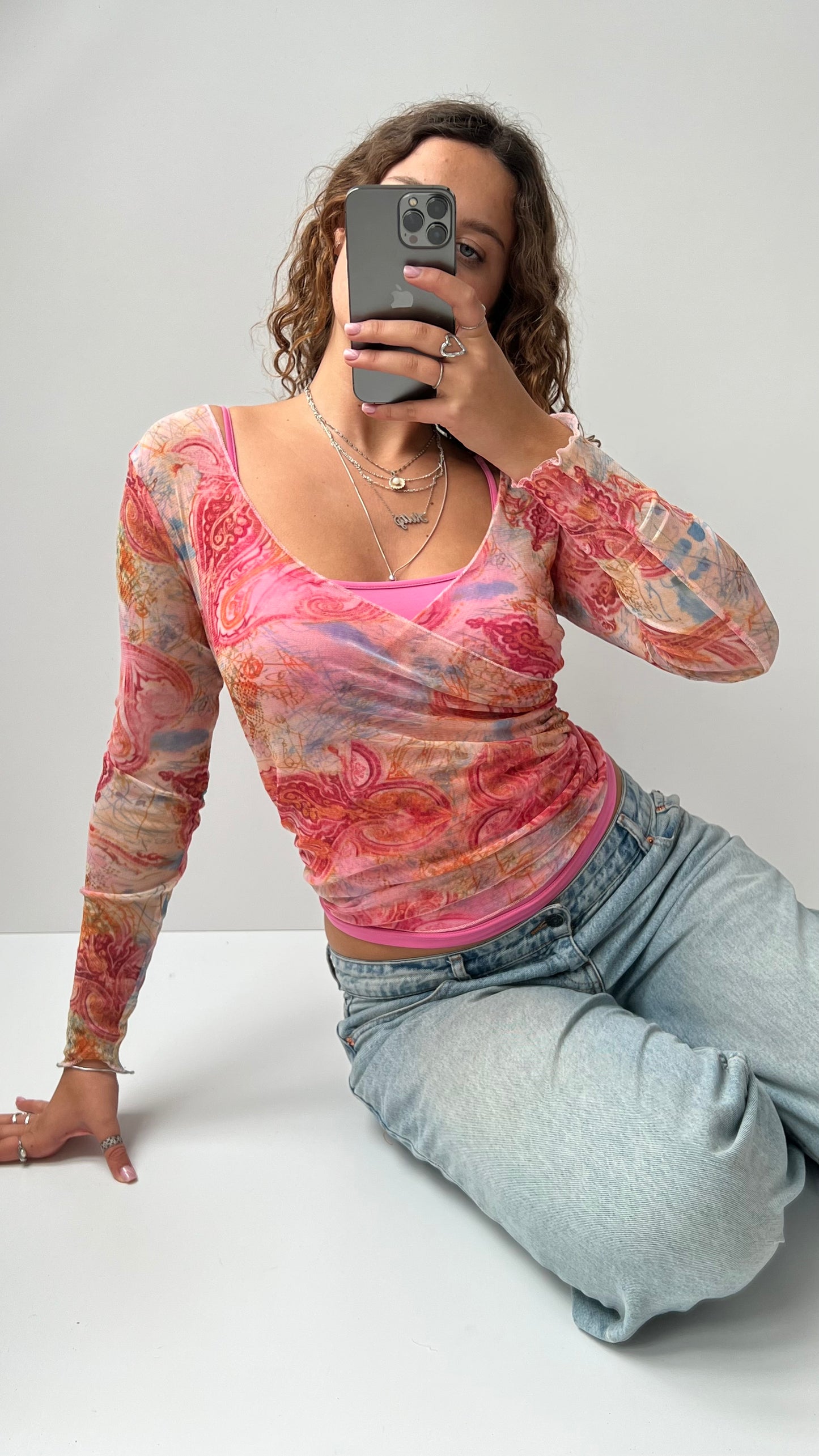 00s Cache pink mesh long sleeve top- S/M