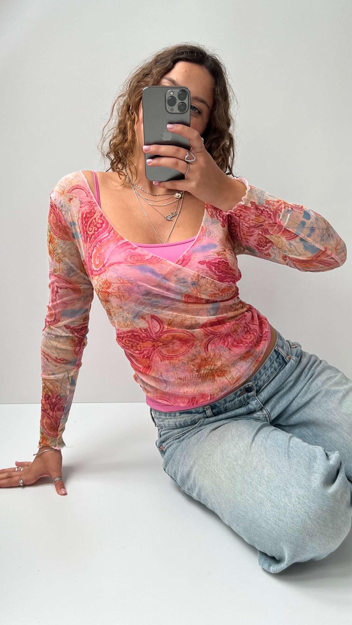 00s Cache pink mesh long sleeve top- S/M