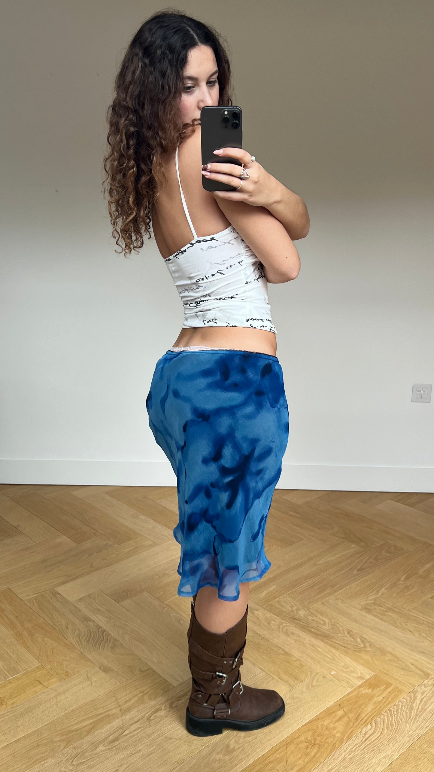 00s blue mesh midi skirt- size XL