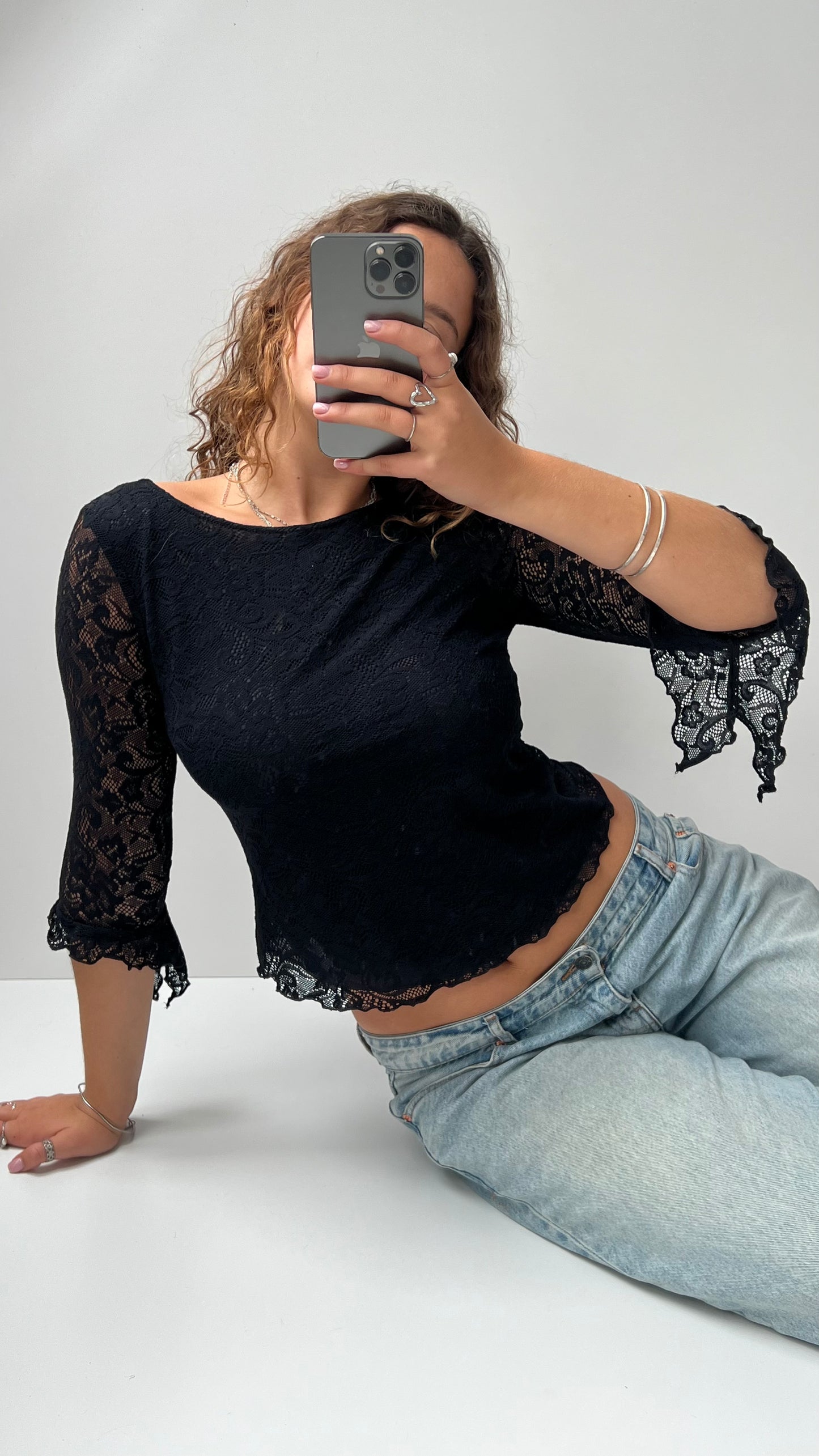 00s black lace long sleeve top- size S
