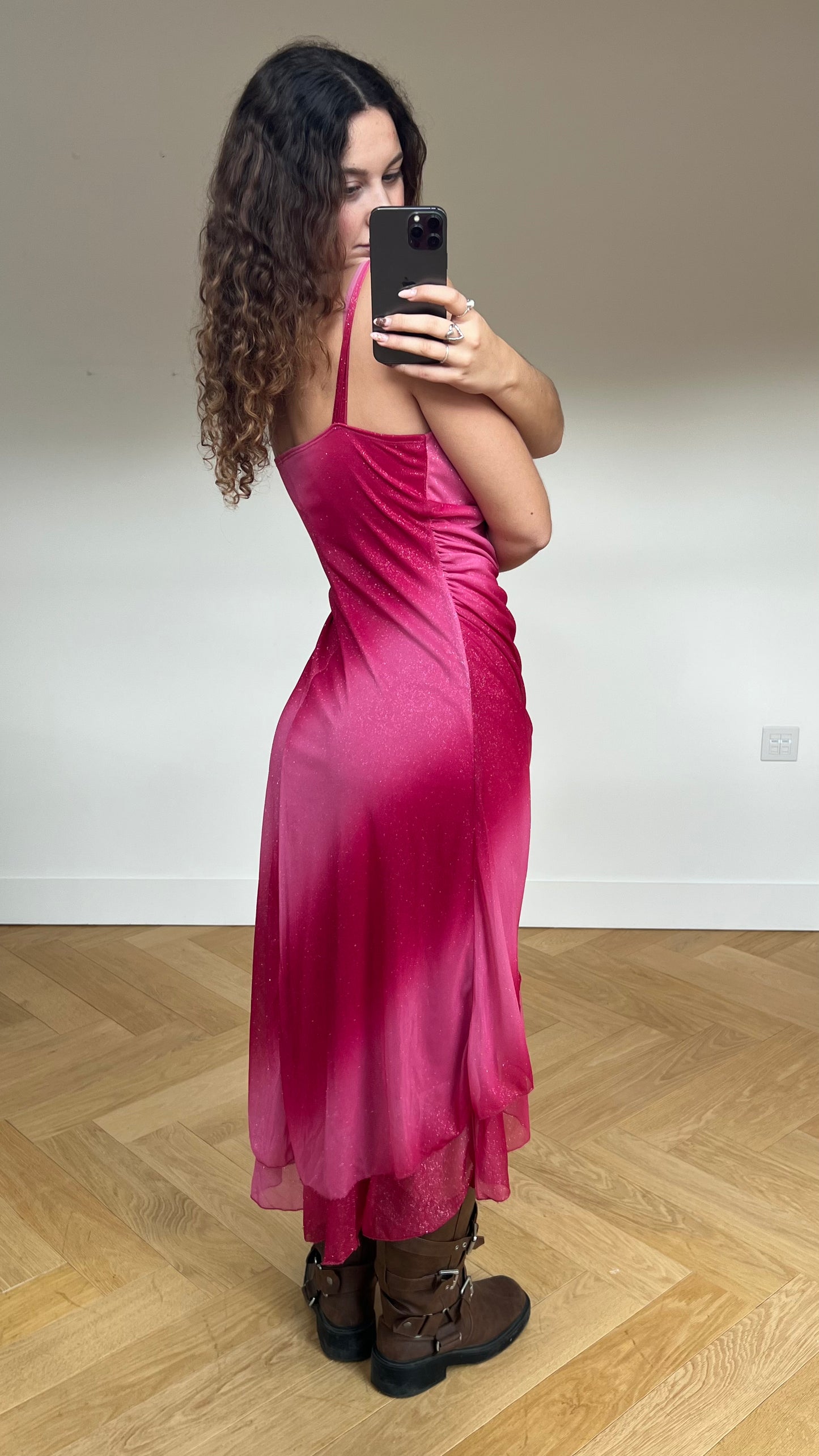 00s pink glitter mesh midi dress- size L