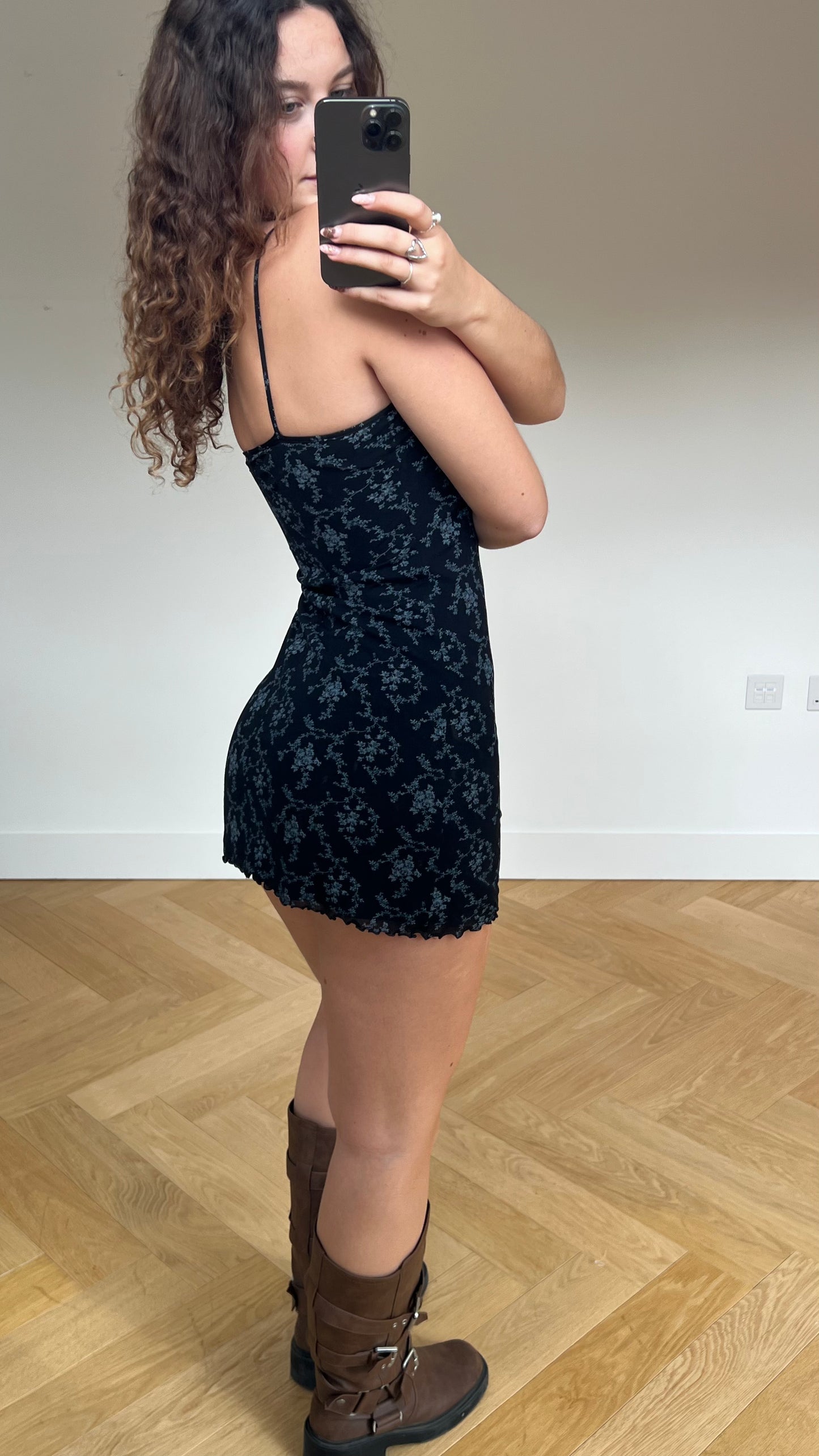 00s black mesh floral mini dress- size M