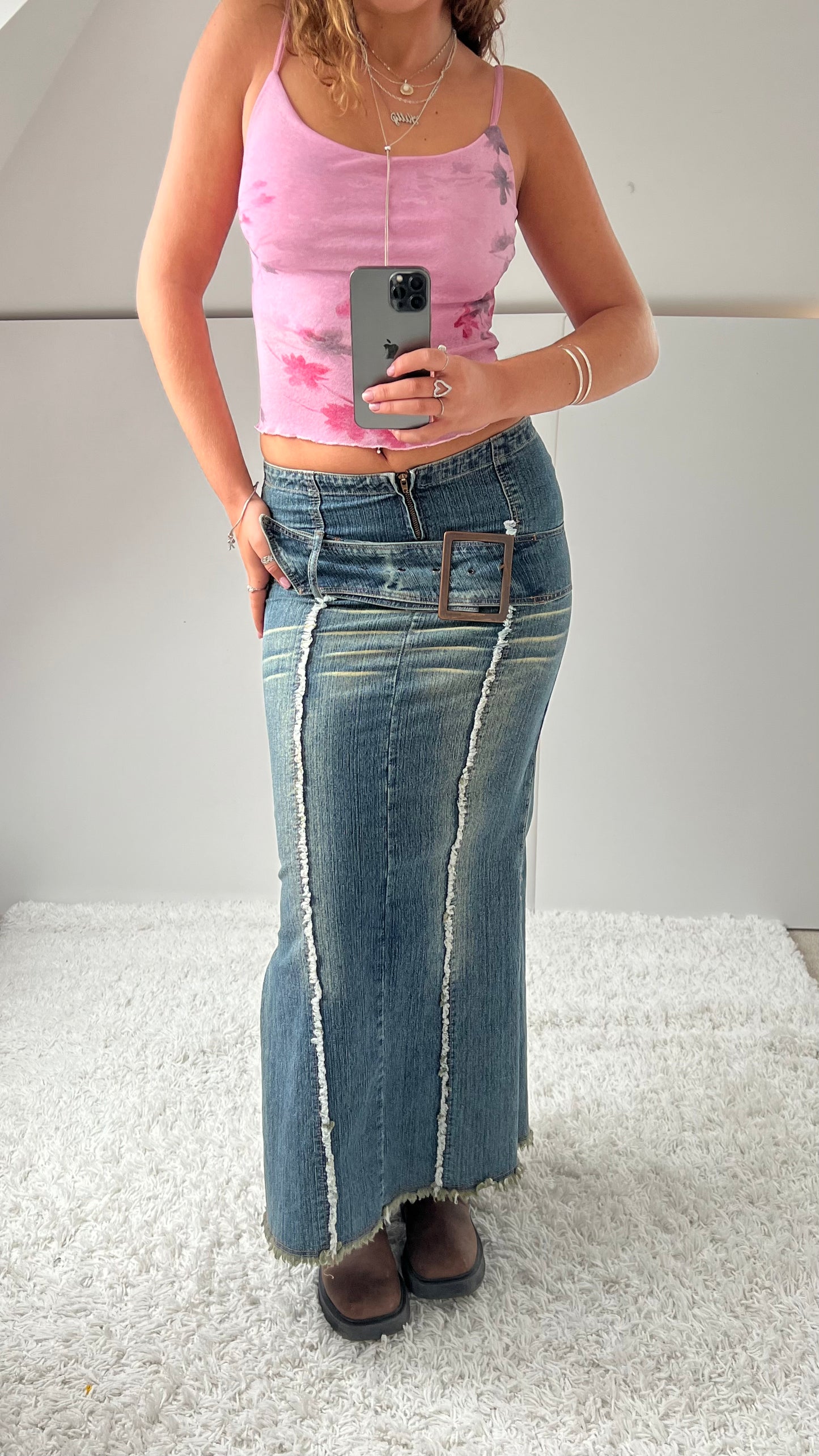00s denim buckle maxi skirt- size S