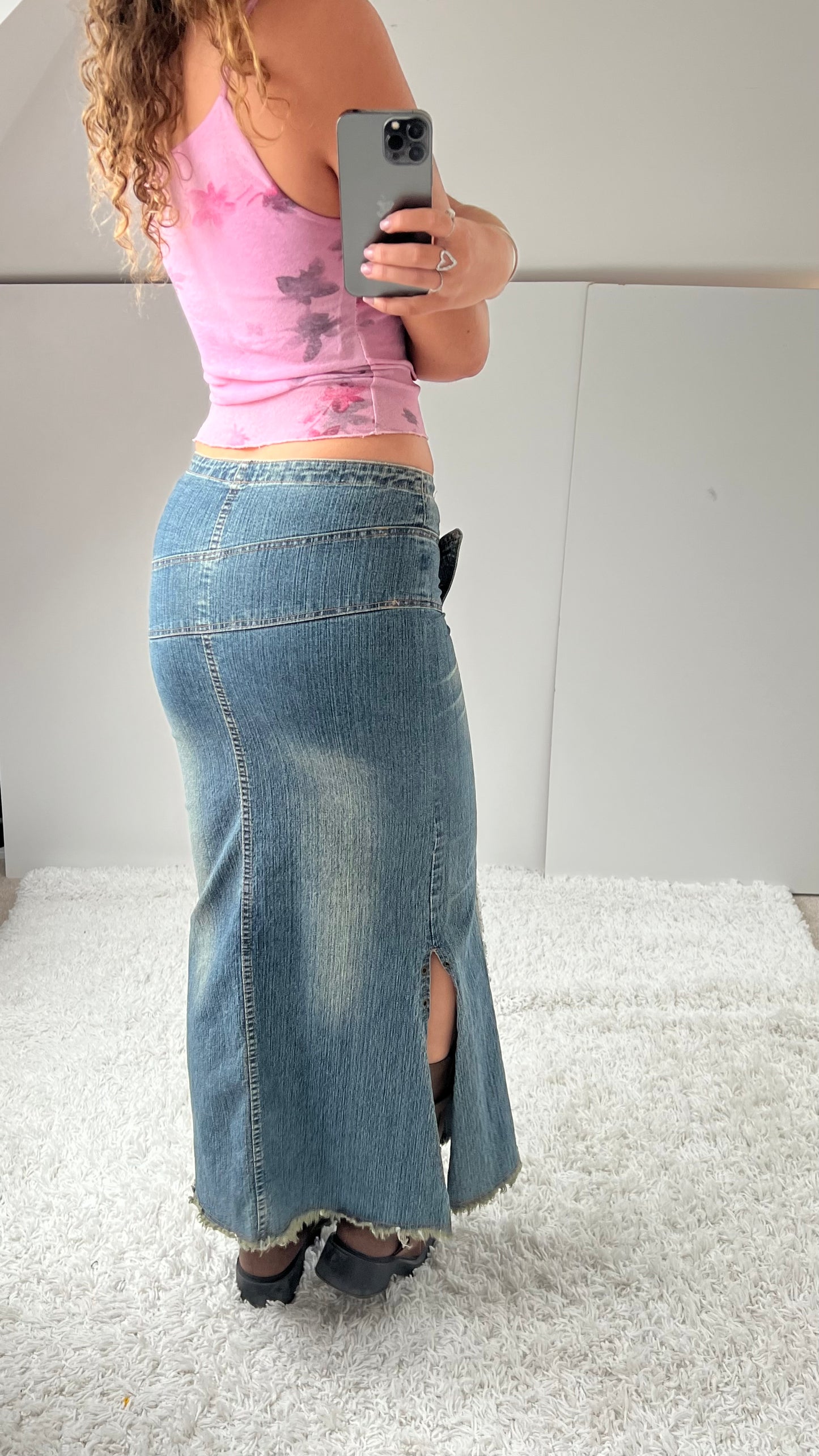 00s denim buckle maxi skirt- size S
