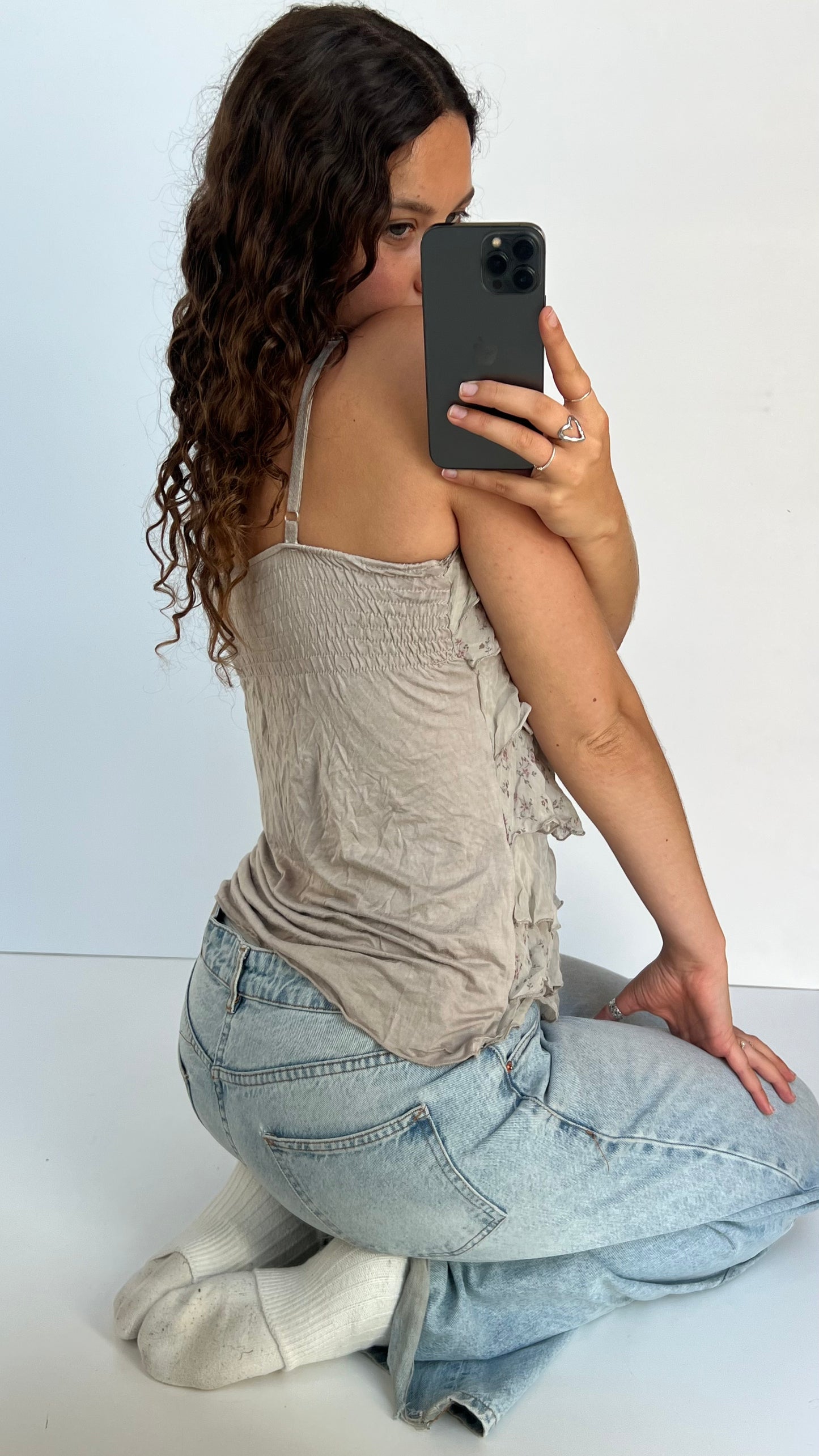 00s grey floral ruffle cami- size S