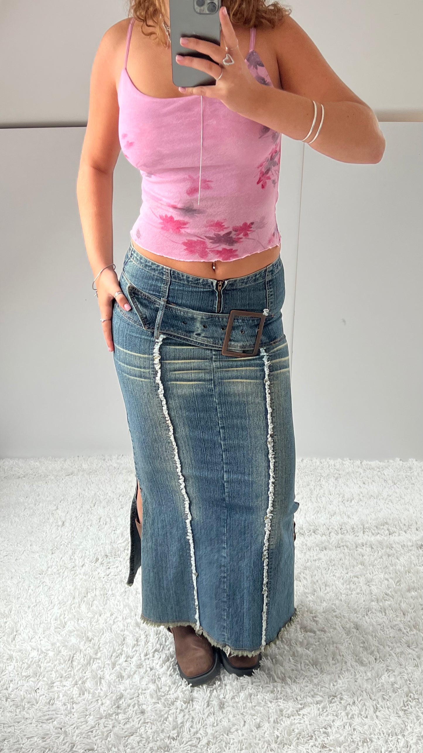 00s denim buckle maxi skirt- size S