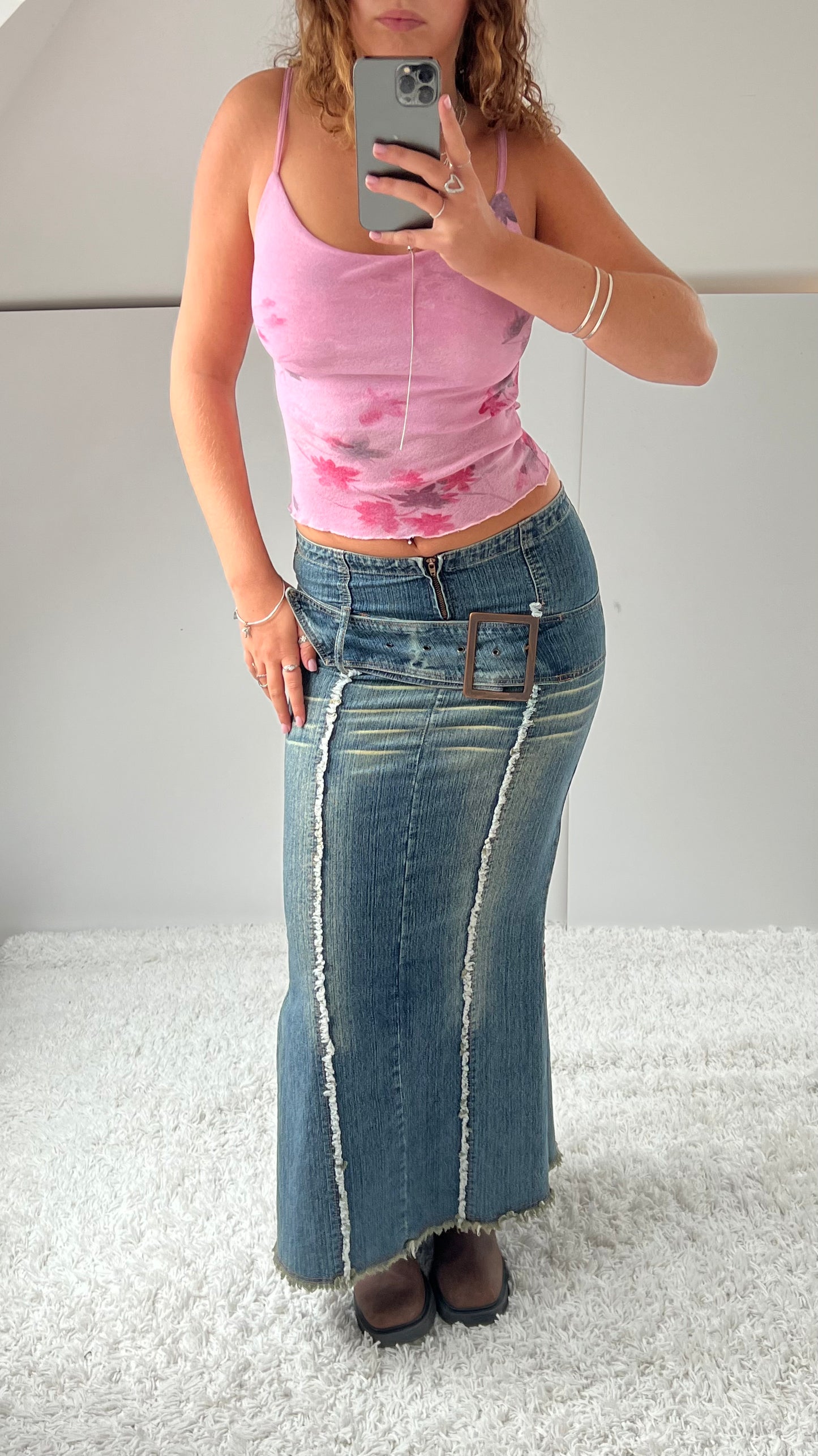 00s denim buckle maxi skirt- size S