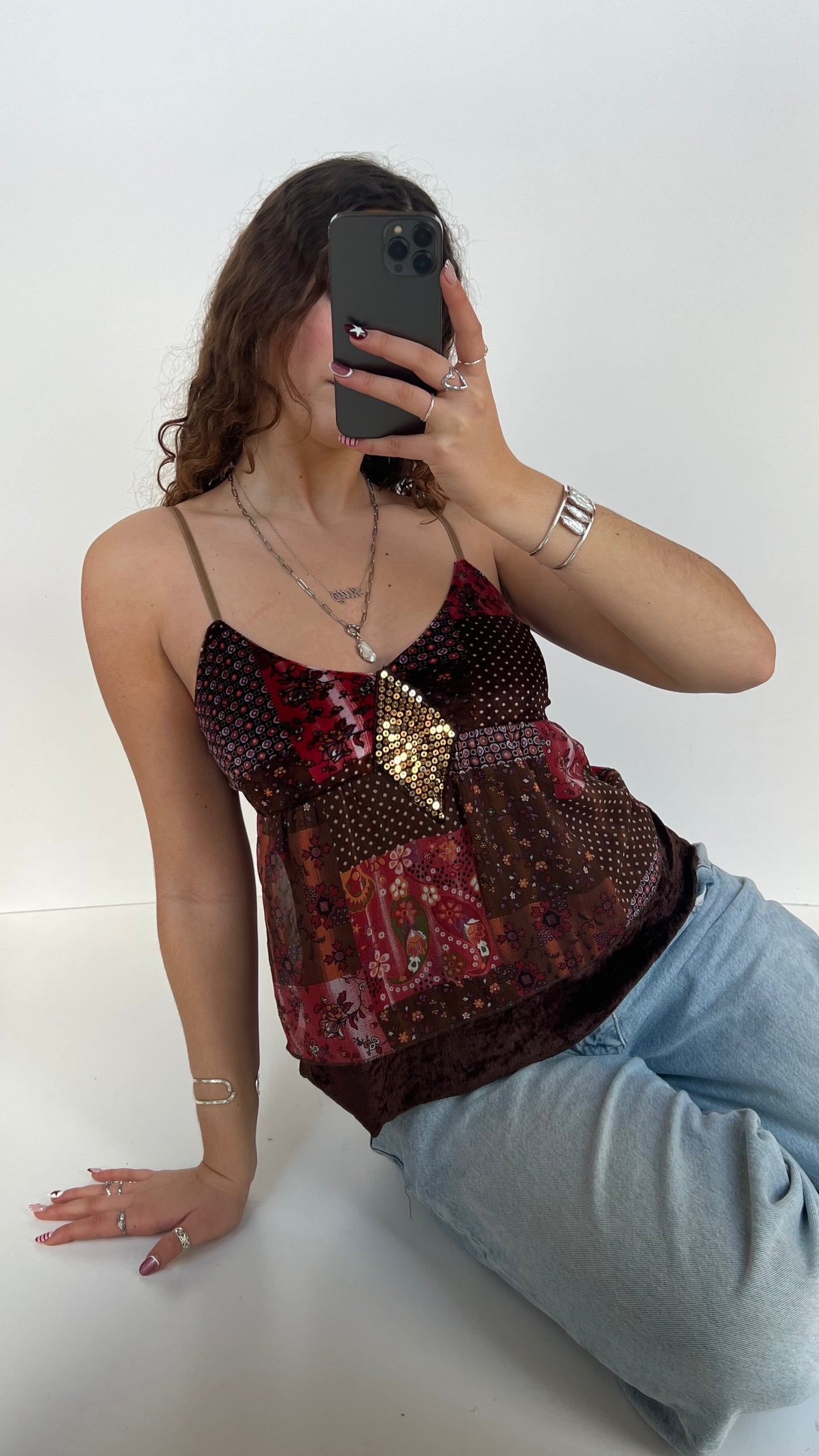 00s brown pink patchwork cami- size S