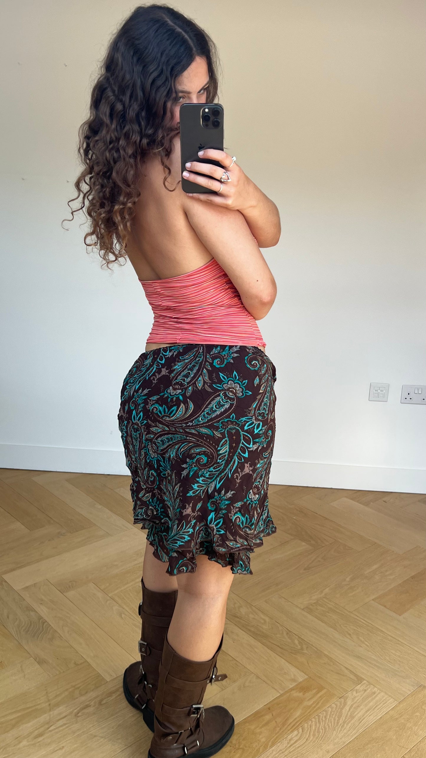 00s brown paisley midi skirt- size S