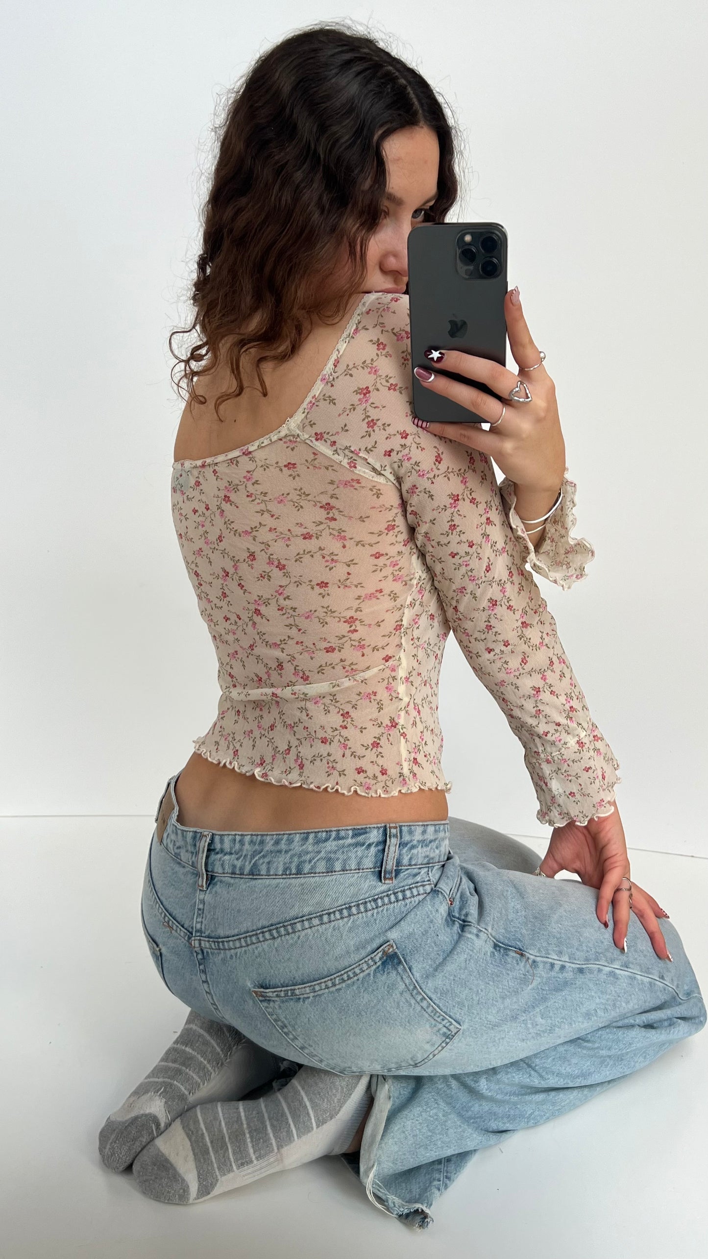 00s white floral mesh top- size S