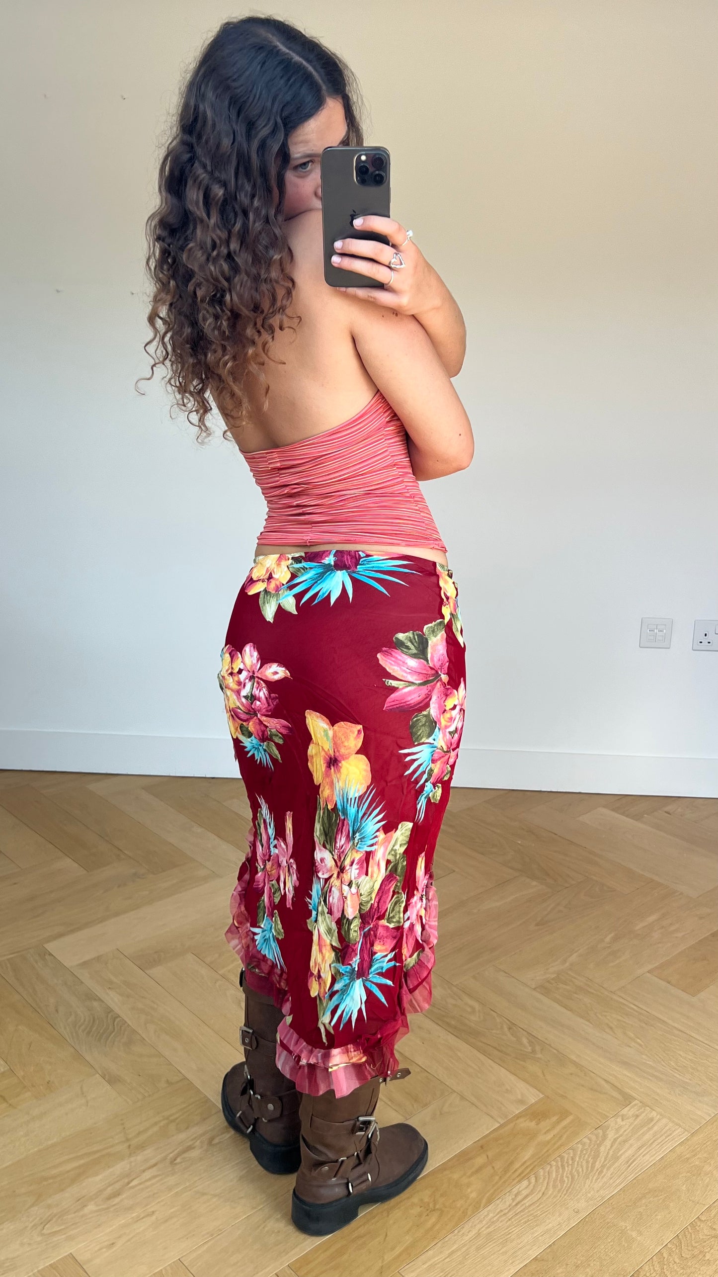 00s red floral mesh skirt- size S