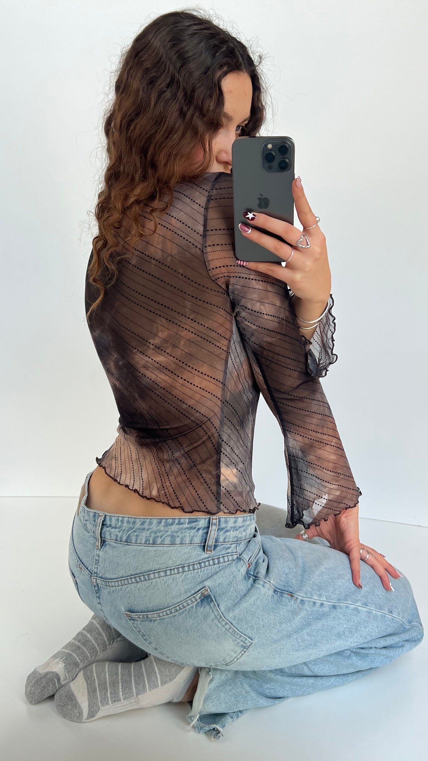 00s brown mesh long sleeve top- size M