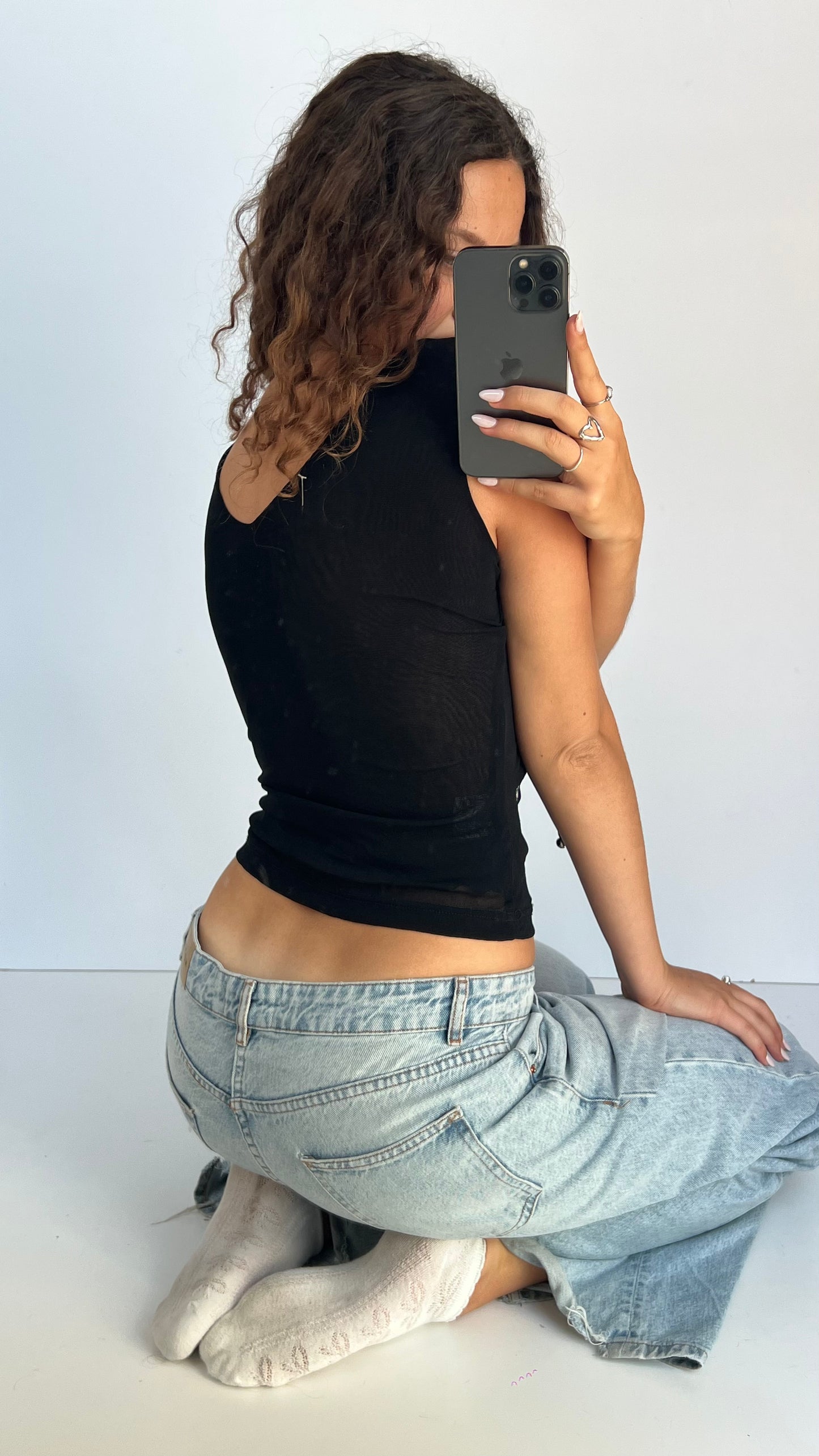 00s black mesh floral tank top- size S