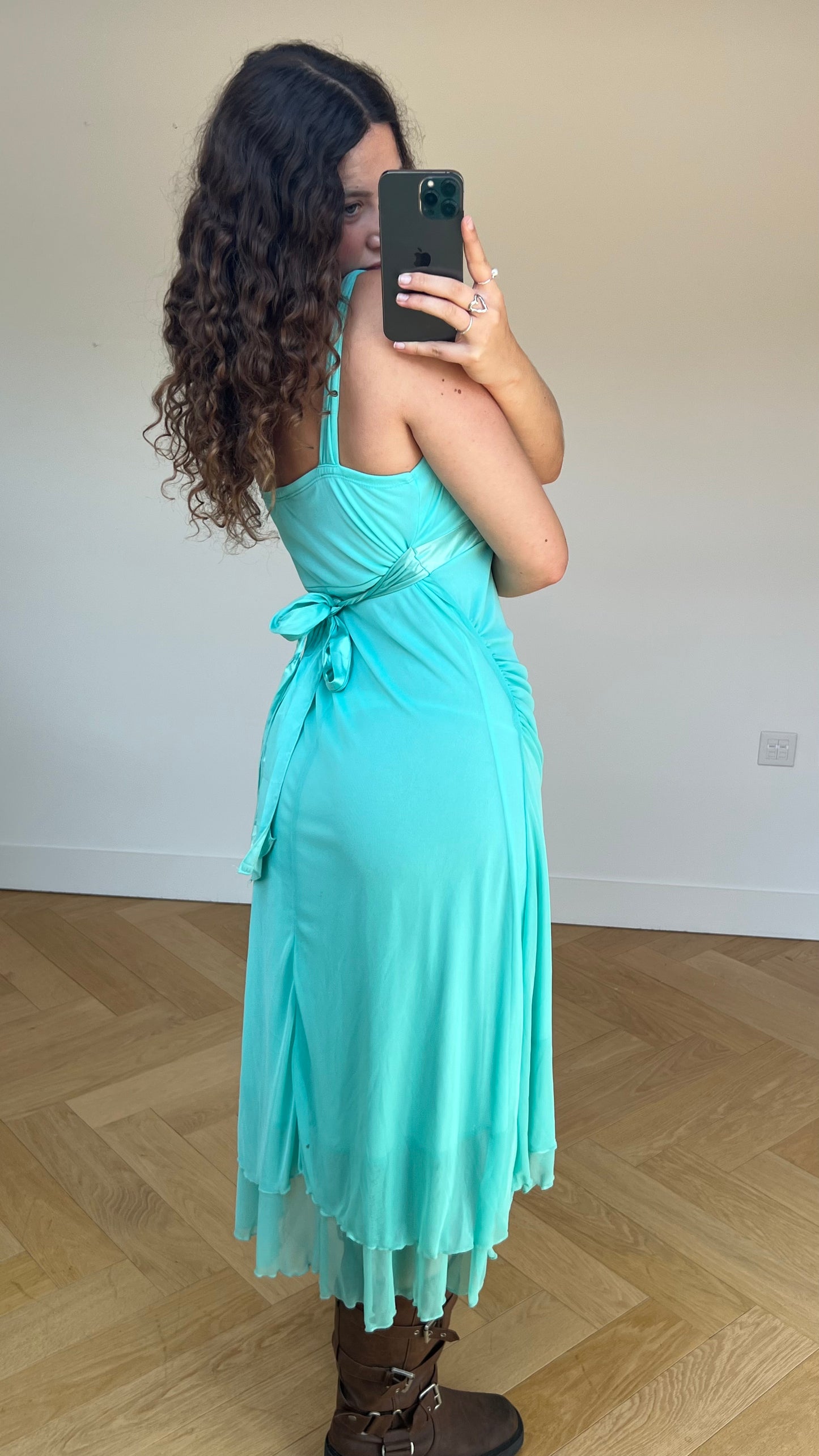 00s teal mesh midi dress- size M