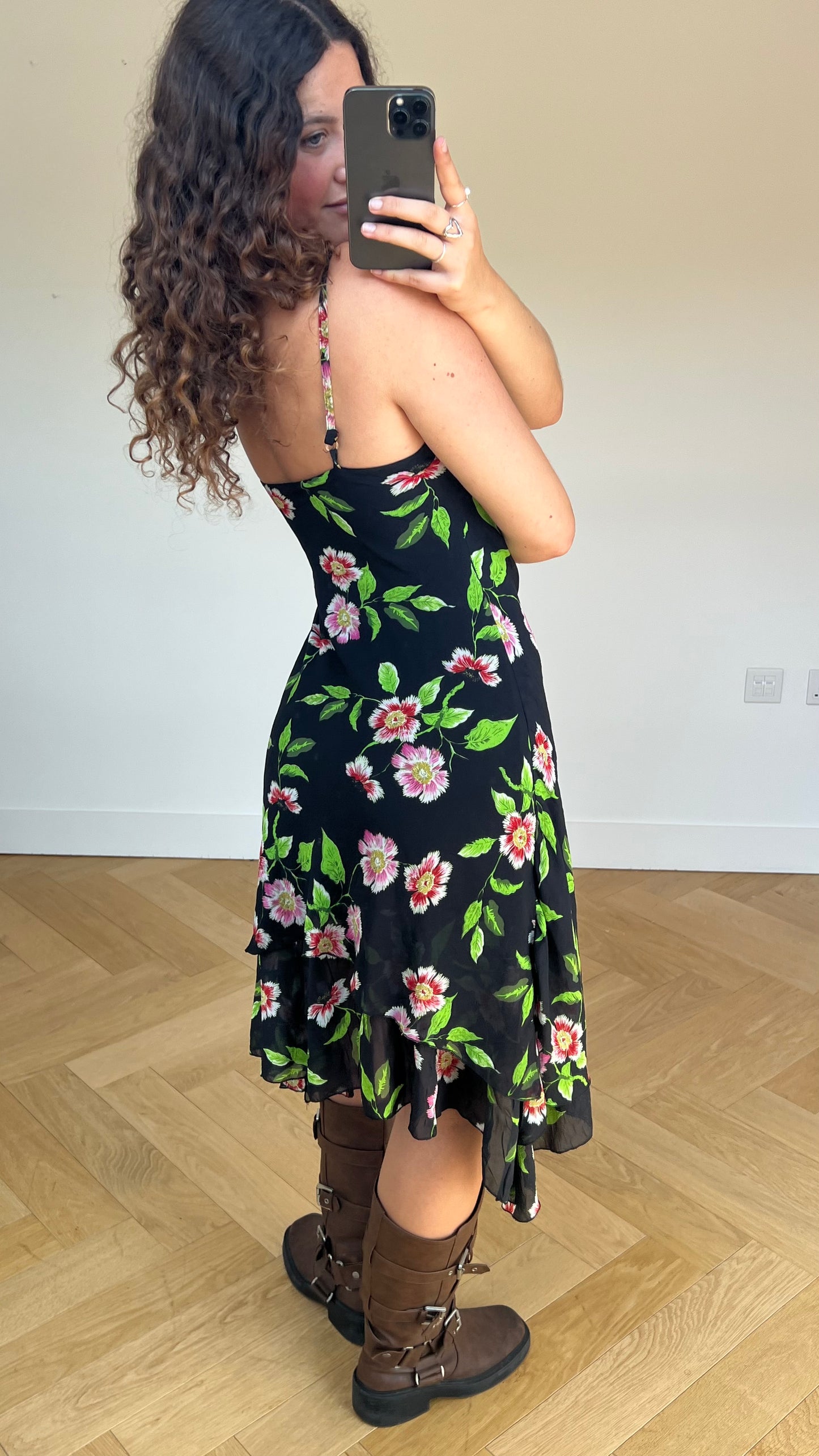 00s black floral midi dress- size M