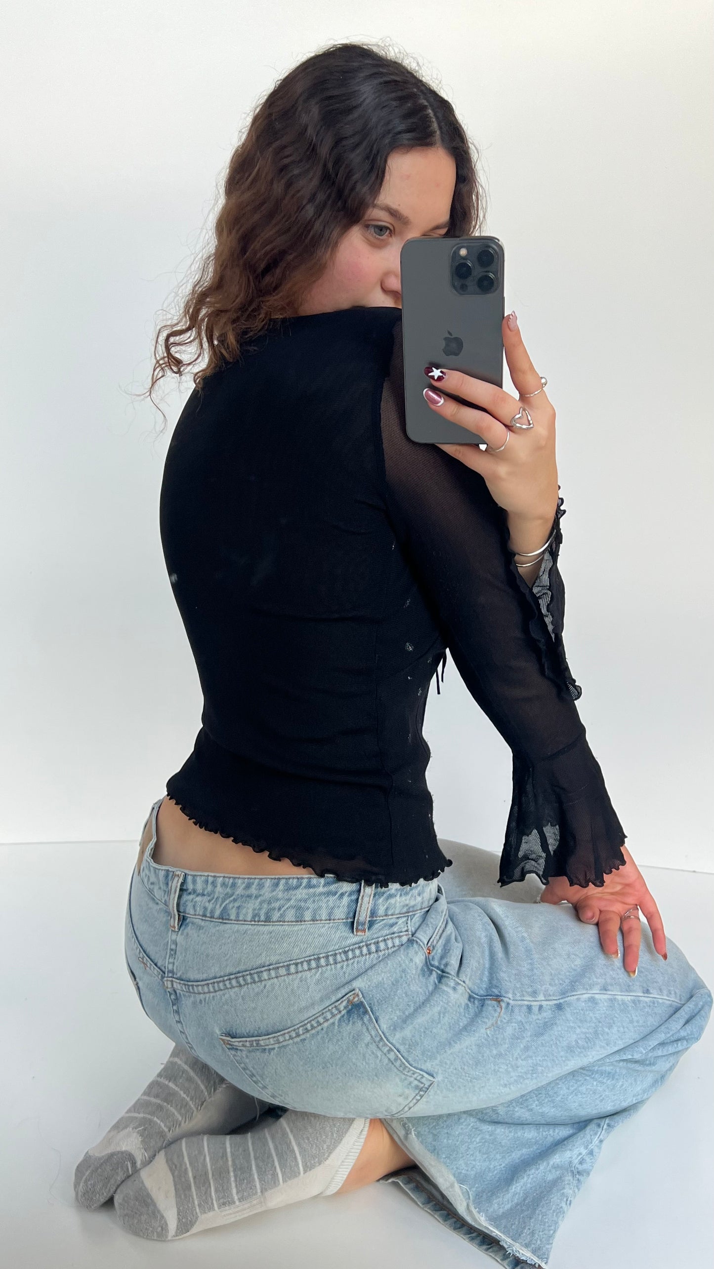 00s black mesh long sleeve top- size M