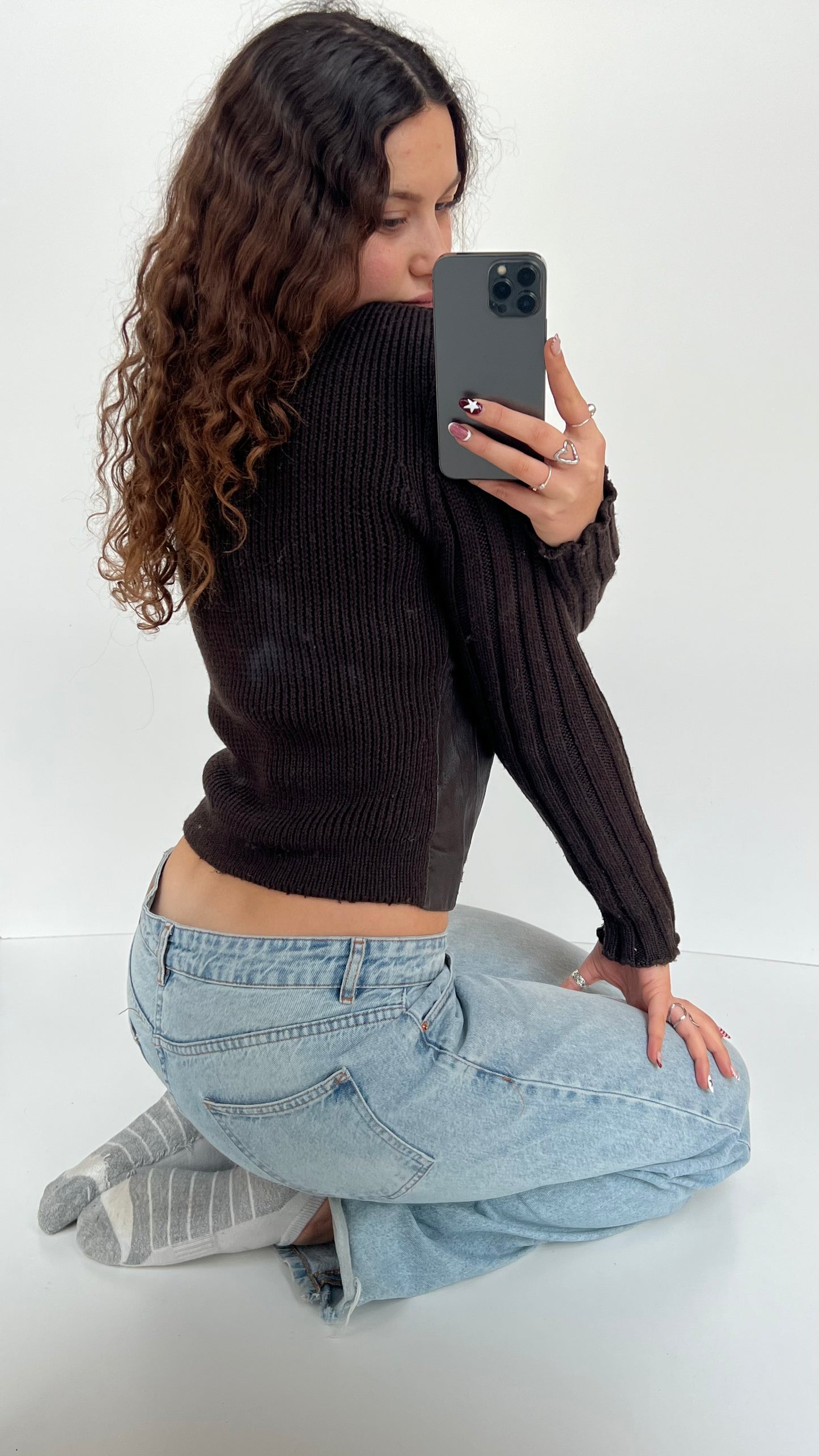 00s brown knit leather jacket- size M