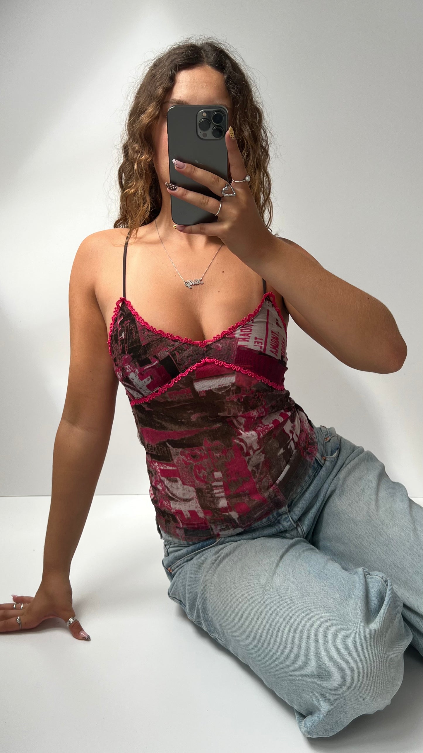 00s pink mesh graphic cami- size S