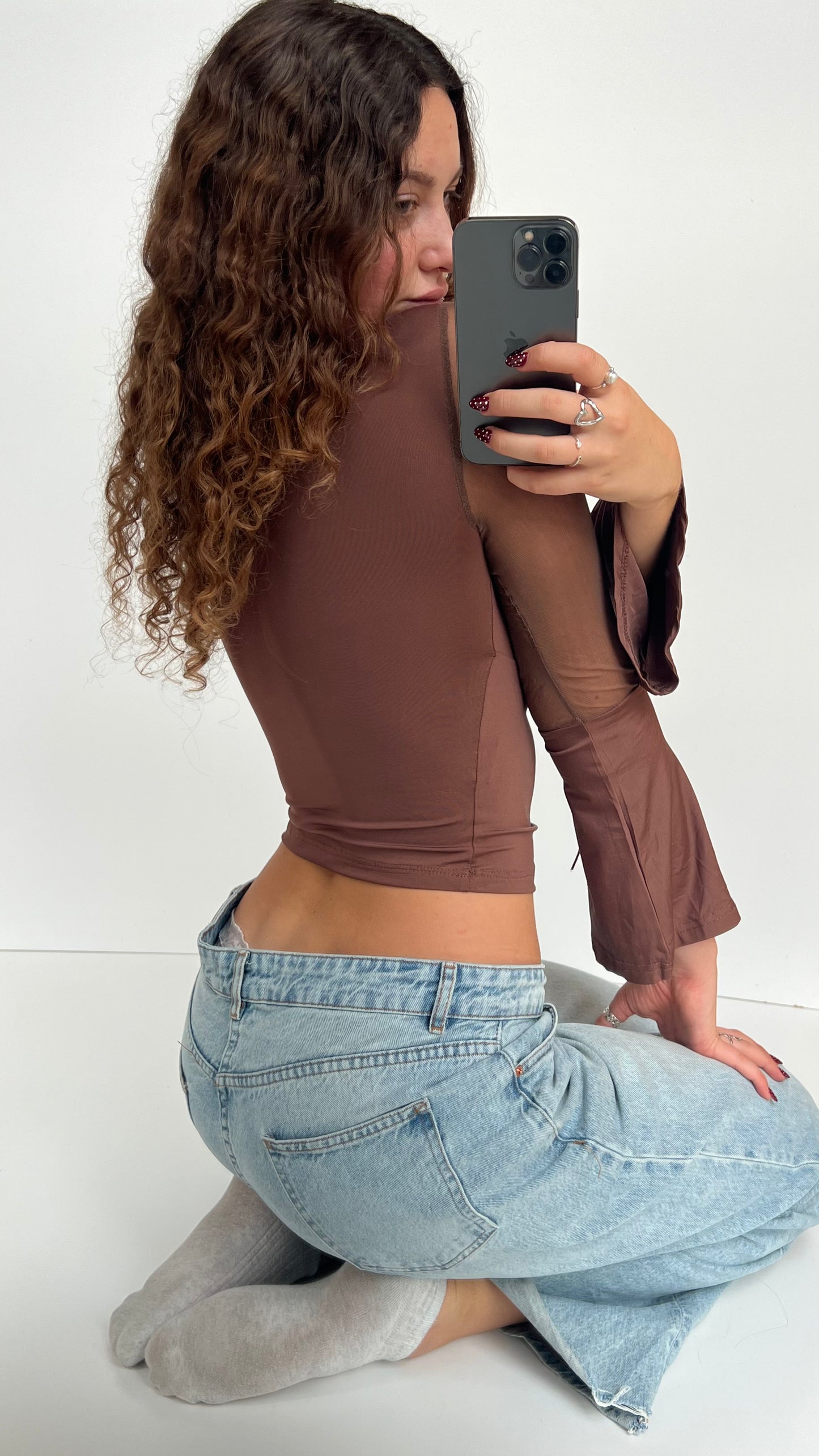 00s brown mesh bell sleeve top- size XS