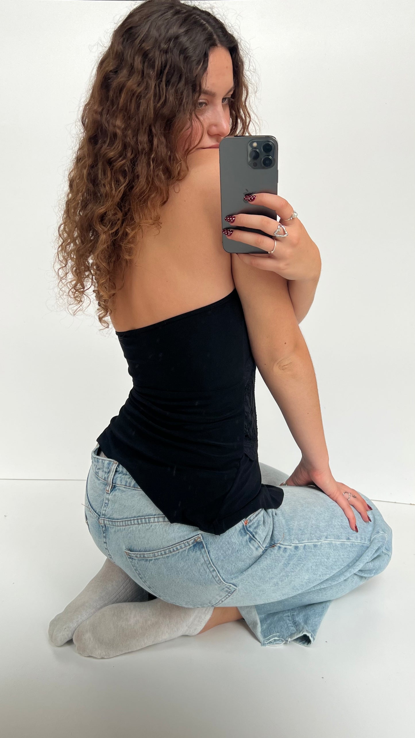 00s black strapless lace top- size M