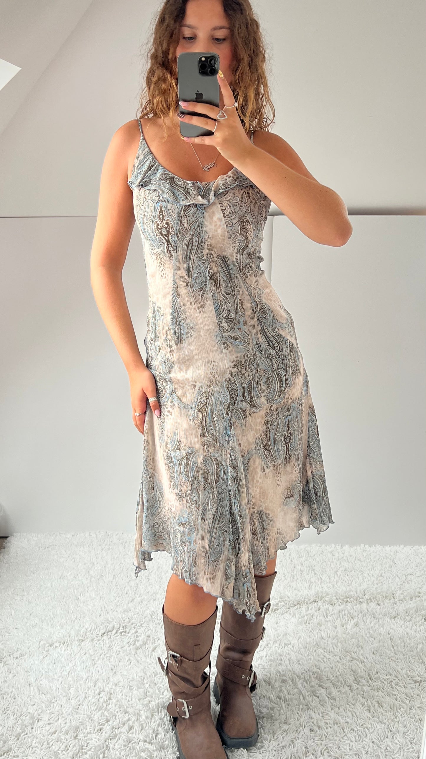 00s beige blue mesh midi dress- size S