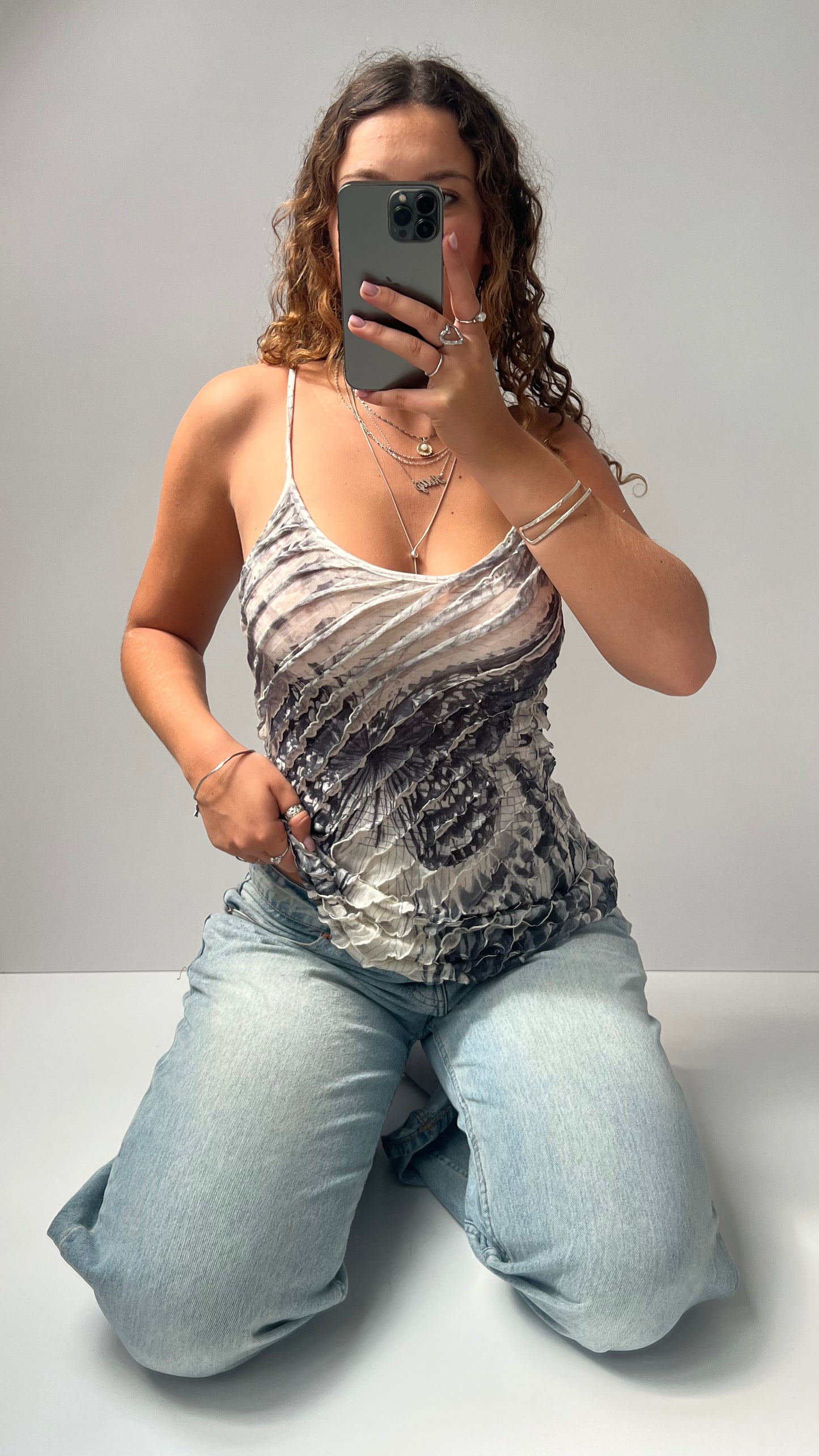 00s grey ruffle butterfly cami- size M