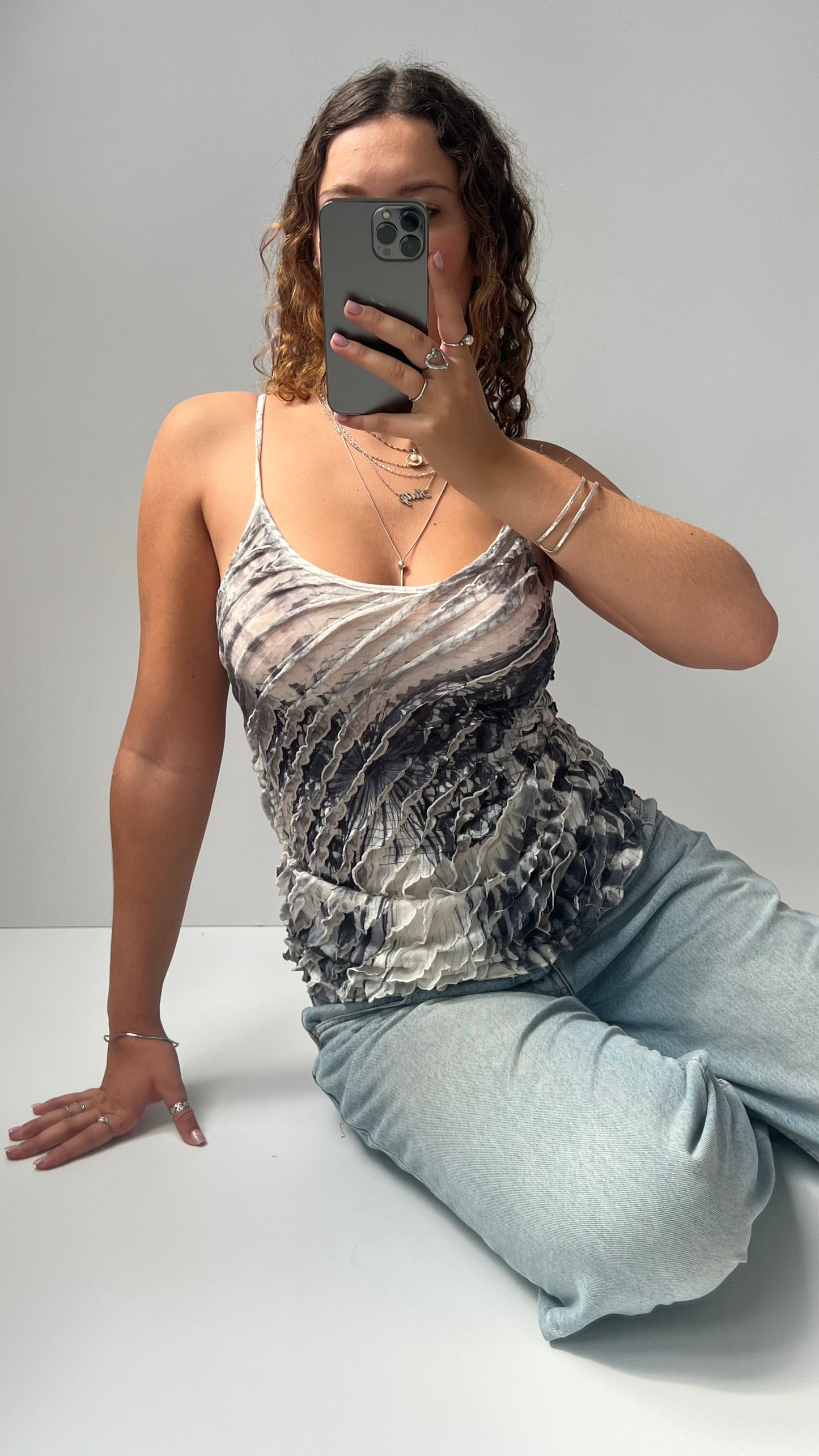 00s grey ruffle butterfly cami- size M