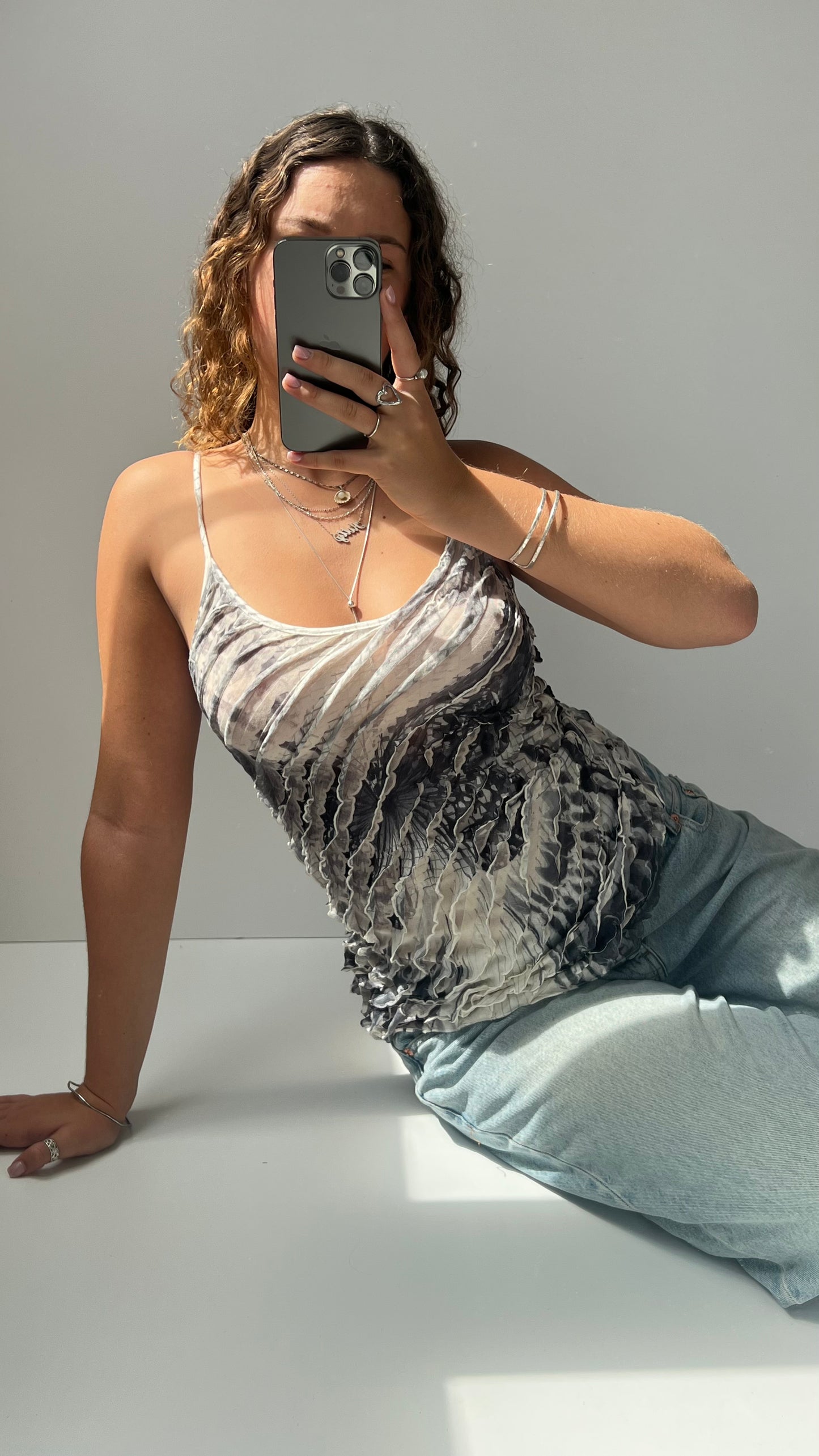 00s grey ruffle butterfly cami- size M