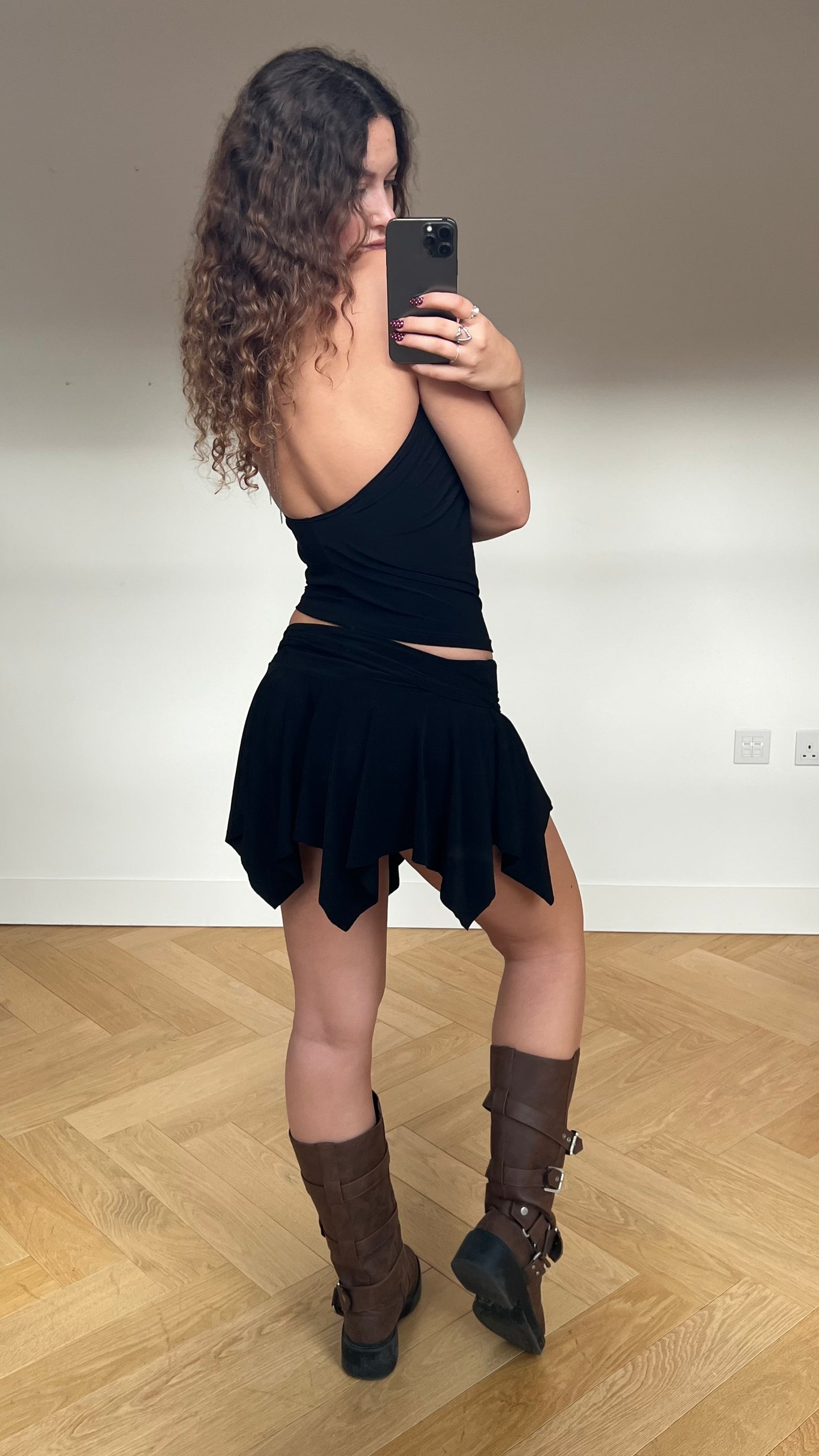 00s black asymmetric mini skirt- size S