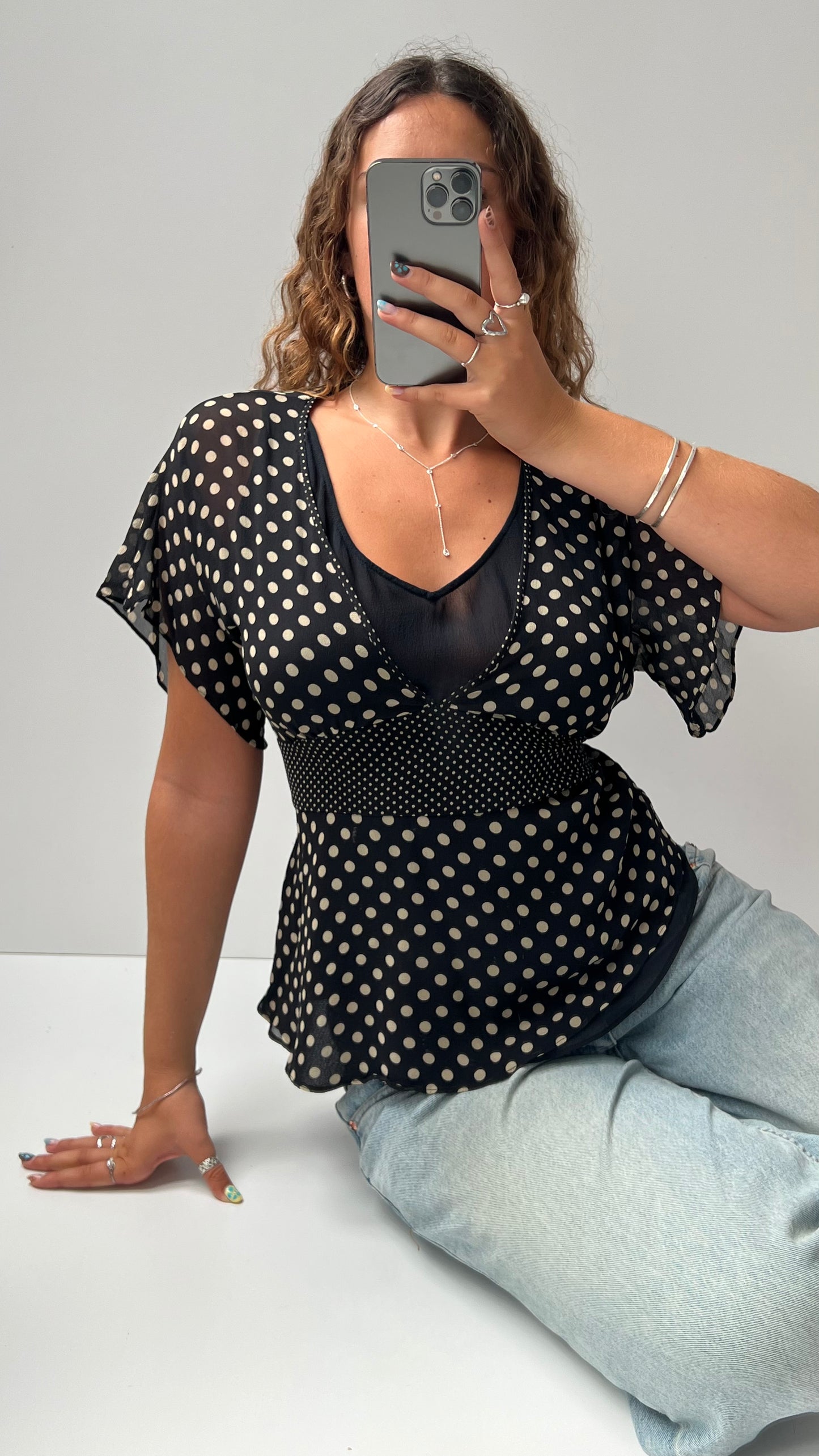 00s black polka dot babydoll top- size M/L