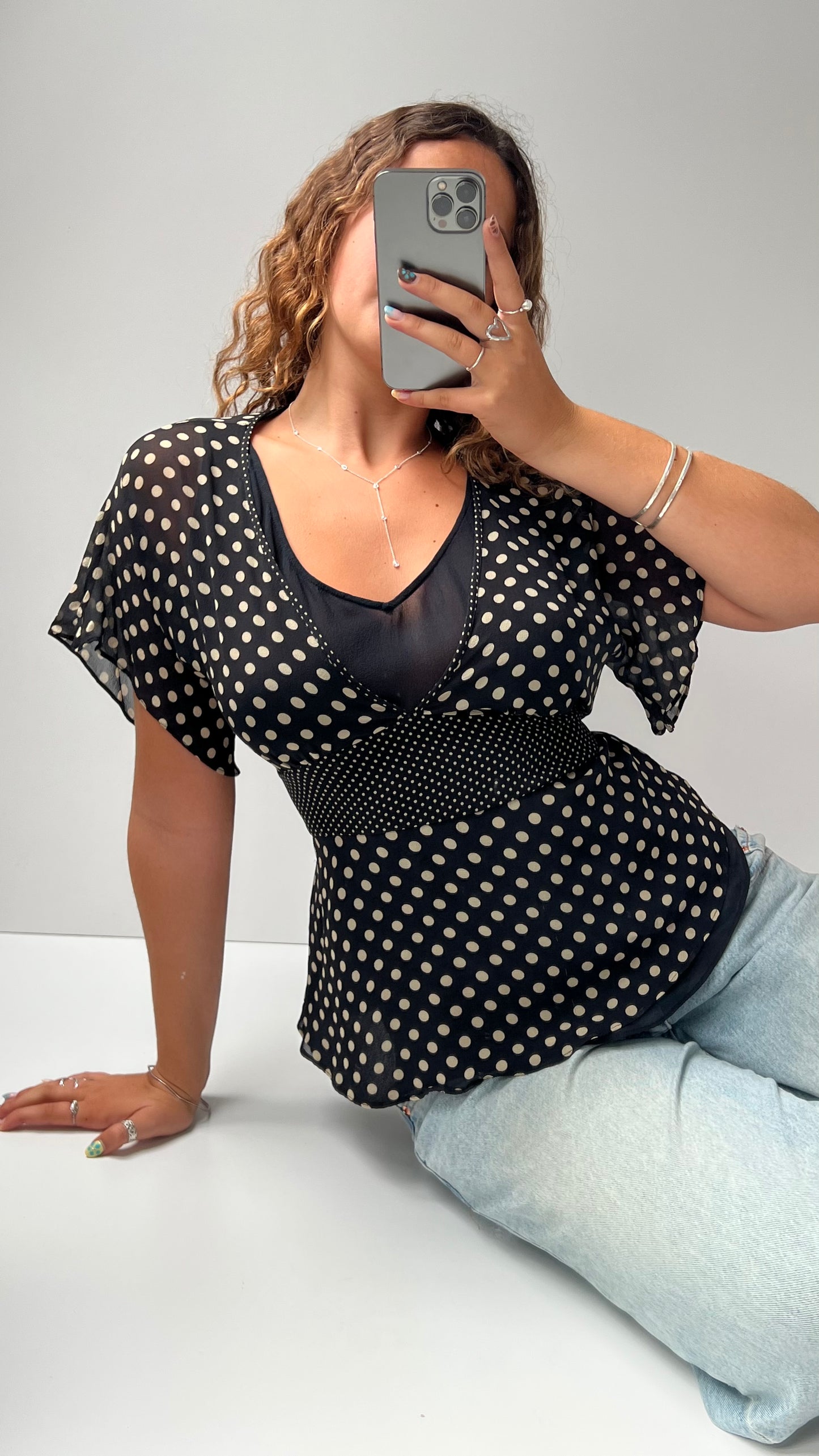 00s black polka dot babydoll top- size M/L