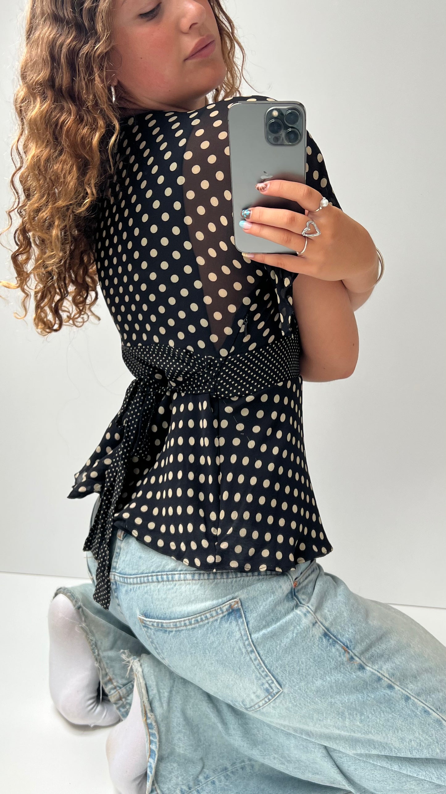 00s black polka dot babydoll top- size M/L
