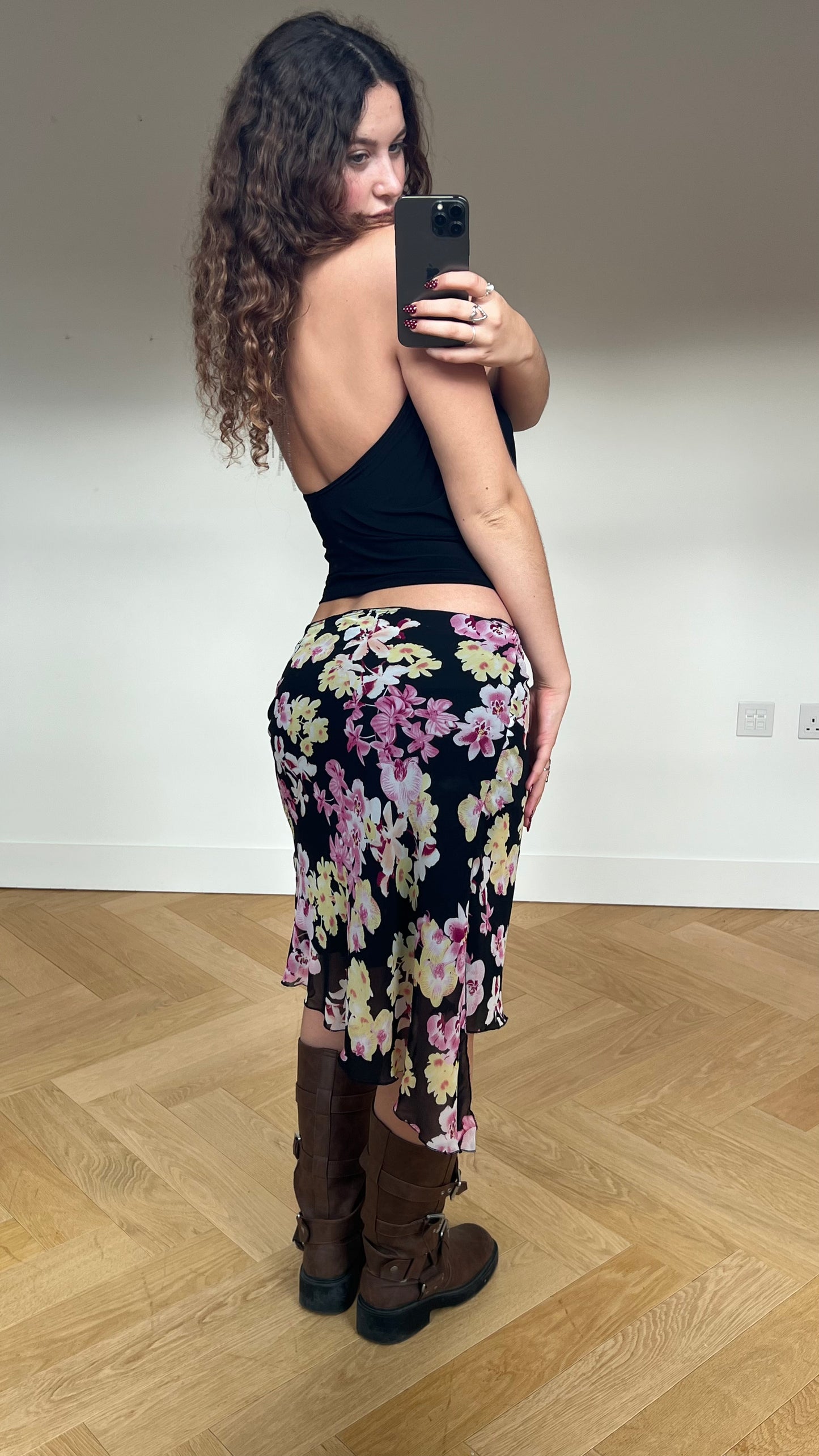 00s black pink floral midi skirt- size S