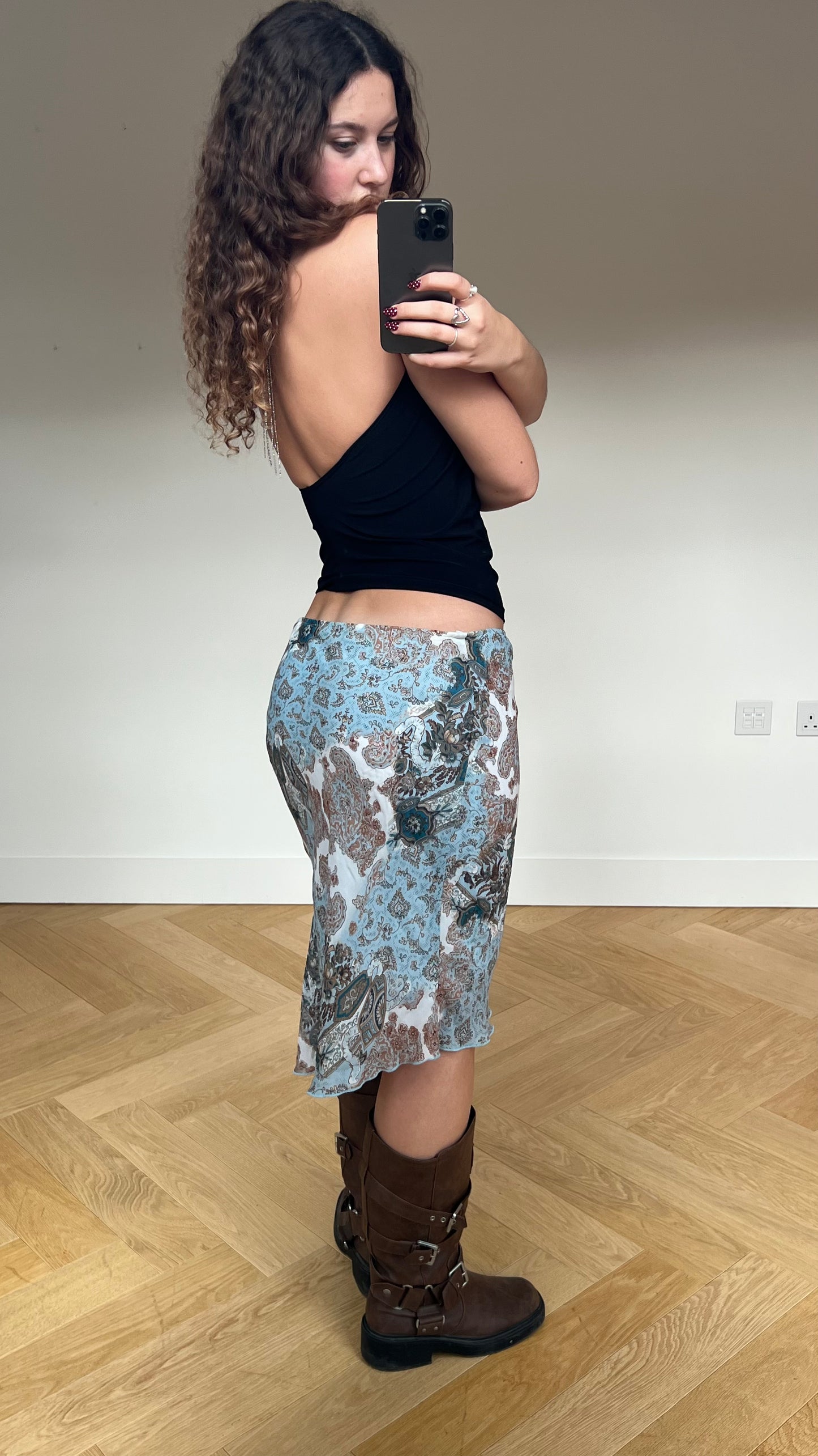 00s blue paisley mesh midi skirt- size L