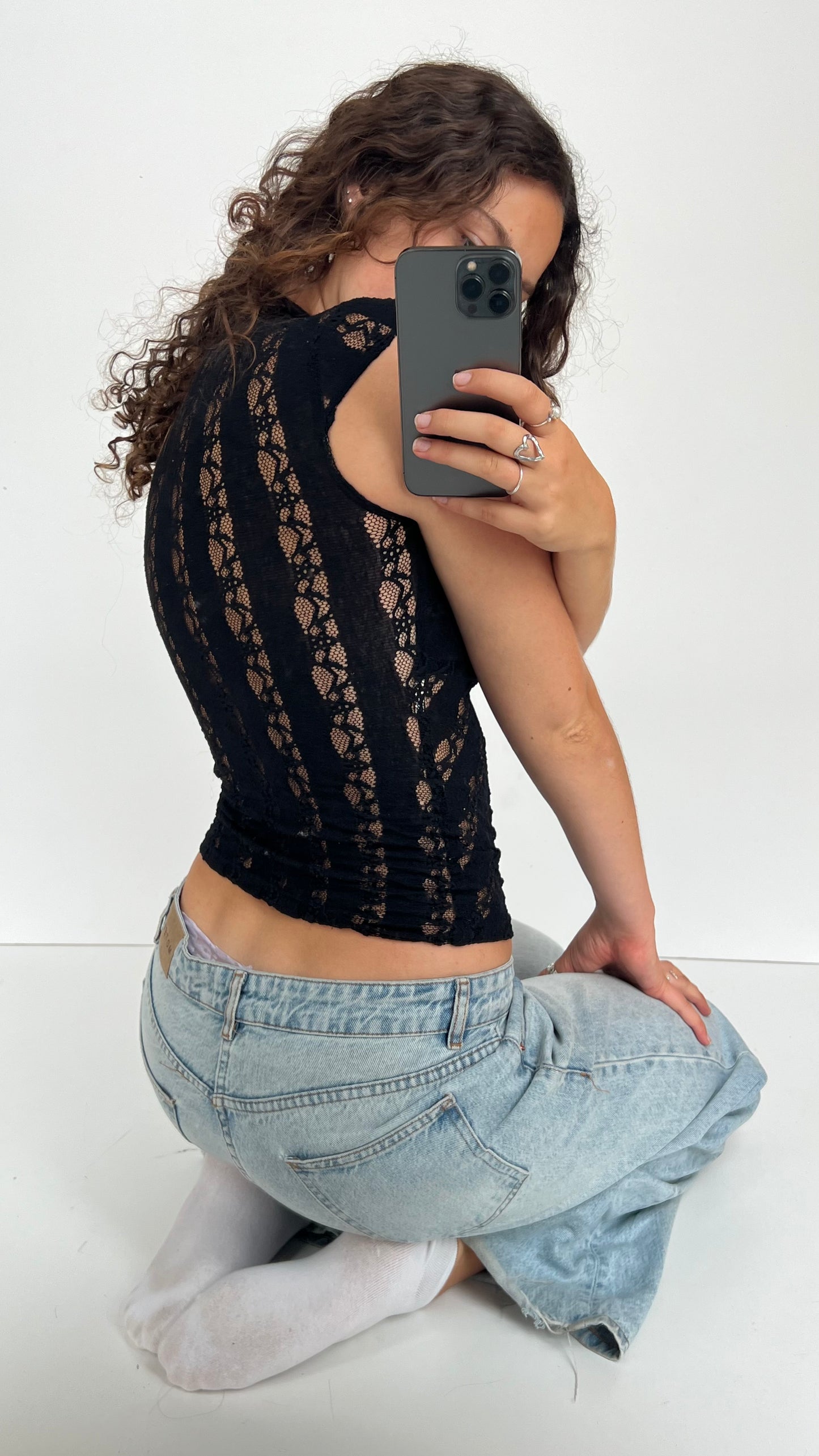 00s black lace sequin top- size M